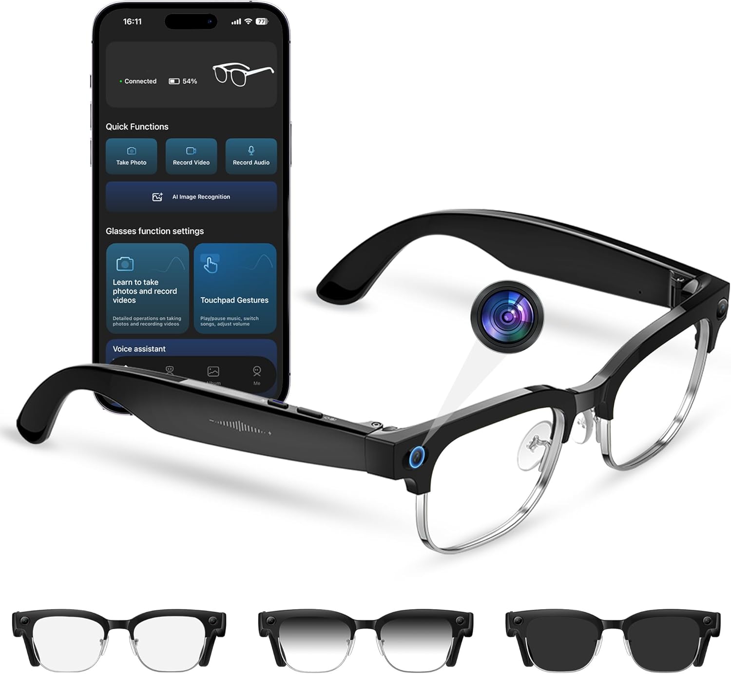 AI Smart Camera Glasses with HD 8MP Camera, 4K Photos & 1080P Video,Anti-Shake, 12Hours Music/Bluetooth Calls, Real-time Translation/GPT Object Recognition, IP66 Waterproof (Photochromic Lenses)