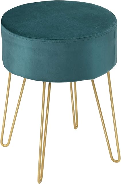 NA GiantexUK Footstool Velvet Round Ottoman, Dressing Table Stool with Gold Metal Legs, Cushioned Vanity Seat for Bedroom, Living Room, Office (Dark Green)