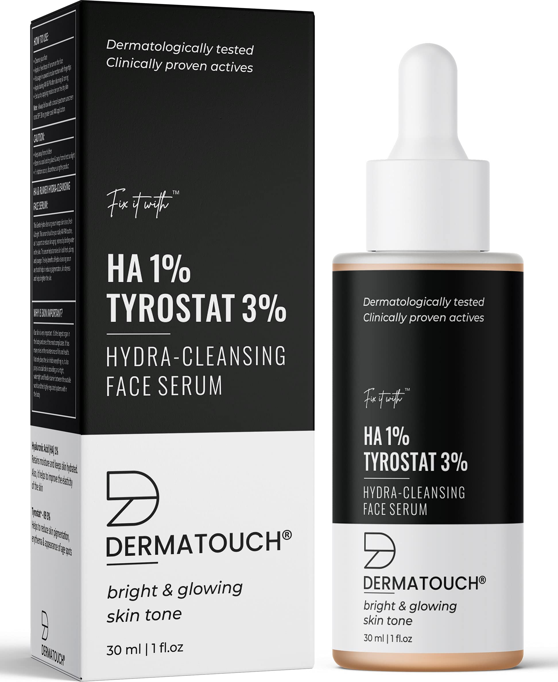 DERMATOUCH1% Hyaluronic Acid & 3% Tyrostat Hydra Cleansing Face Serum, Helps to Retain Skin Moisture, Improve the Elasticity of Skin, Helps to Reduce Skin Pigmentation - 30ML