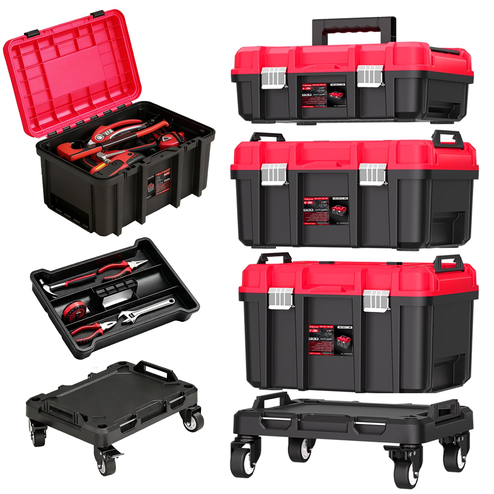 Caja de herramientas portátil AIRAJ Vacía con ruedas, Caja de herramientas apilable de 3 niveles con cerraduras metálicas y organizador, ruedas con bloqueo de 360°, taller rodante, reparaciones