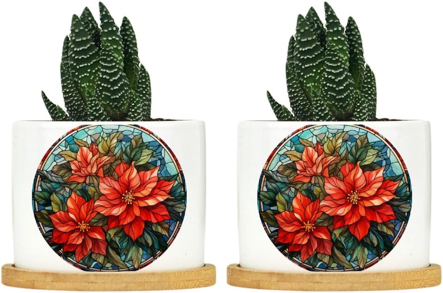 Planters for Indoor Plants Set of 2 Plant Pots Outdoor Red Floral Stained Glass Ceramic Flower Pots Outdoor with Drainage Hole Christmas Party Mom Life Pot for Home Garden Decoration
