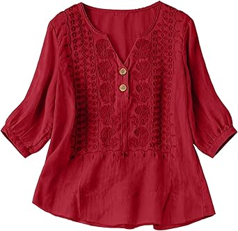 Embroidered Cotton Linen Tops for Women 3/4 Sleeve Summer Boho Peasant Gauze Blouses Dressy Casual Bohemian Shirts