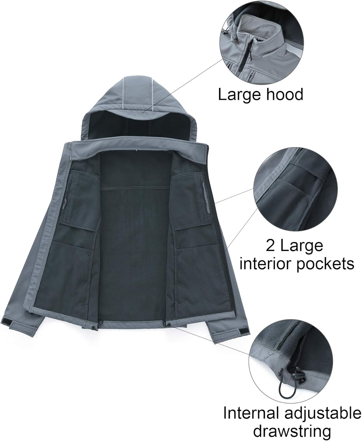 CREATMO US Men's Softshell Military Jacket With Removable Hood, Fleece Lined and Water Repellent Outdoor Reflective Coat