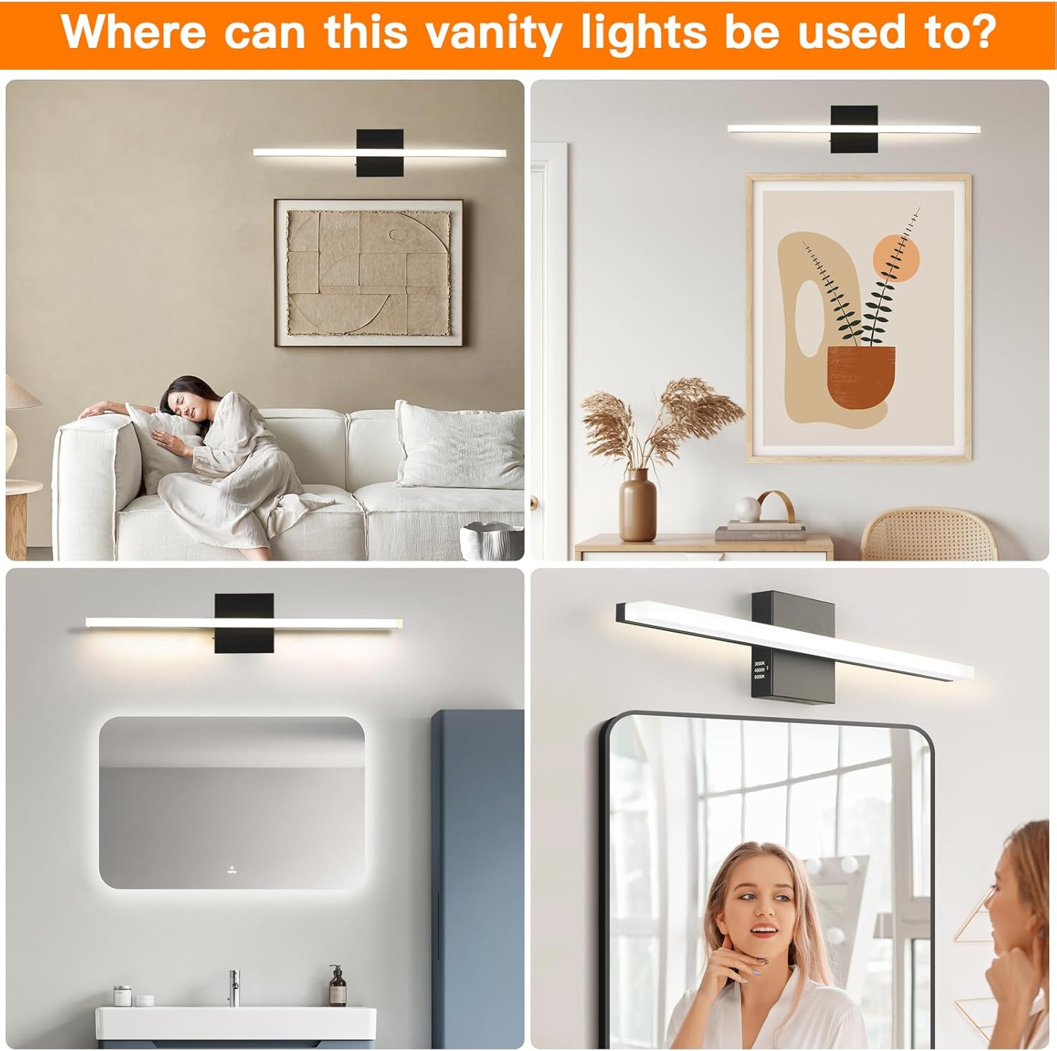 LED Bathroom Vanity Light, 14W Bathroom Mirror Light Fixtures, 3 Color Temperatures 24 Inch Black Wall Sconce for Makeup, Modern LED Bath Wall Lamp for Bathroom & Bedroom IP44