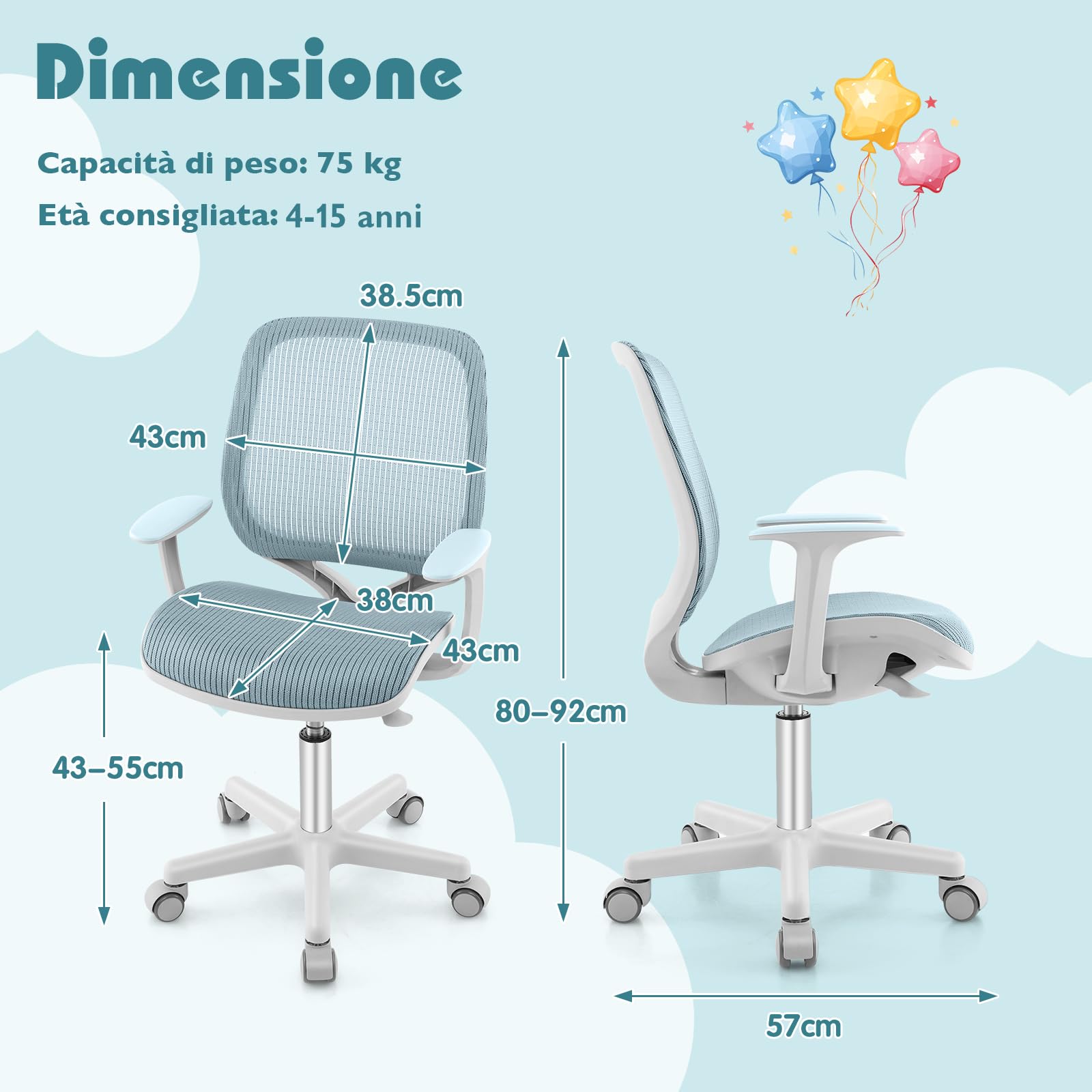 GYMAX Sedia da Scrivania per Bambini 4-15 Anni, Sedia da Cameretta Ergonomica, Altezza Regolabile, Girevole a 360°, 57 x 57 x 80-92 cm (Azzurro)
