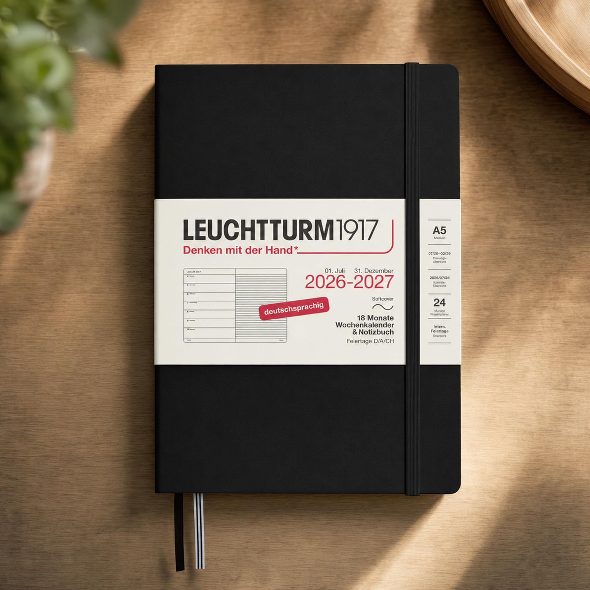 LEUCHTTURM1917 Agenda semanal 2027 A5 con cuaderno, a rayas, agenda alemana, 18 meses de julio de 2026 a diciembre de 2027, negro, tapa blanda, 210 x 145 mm, vista semanal izquierda + página de notas