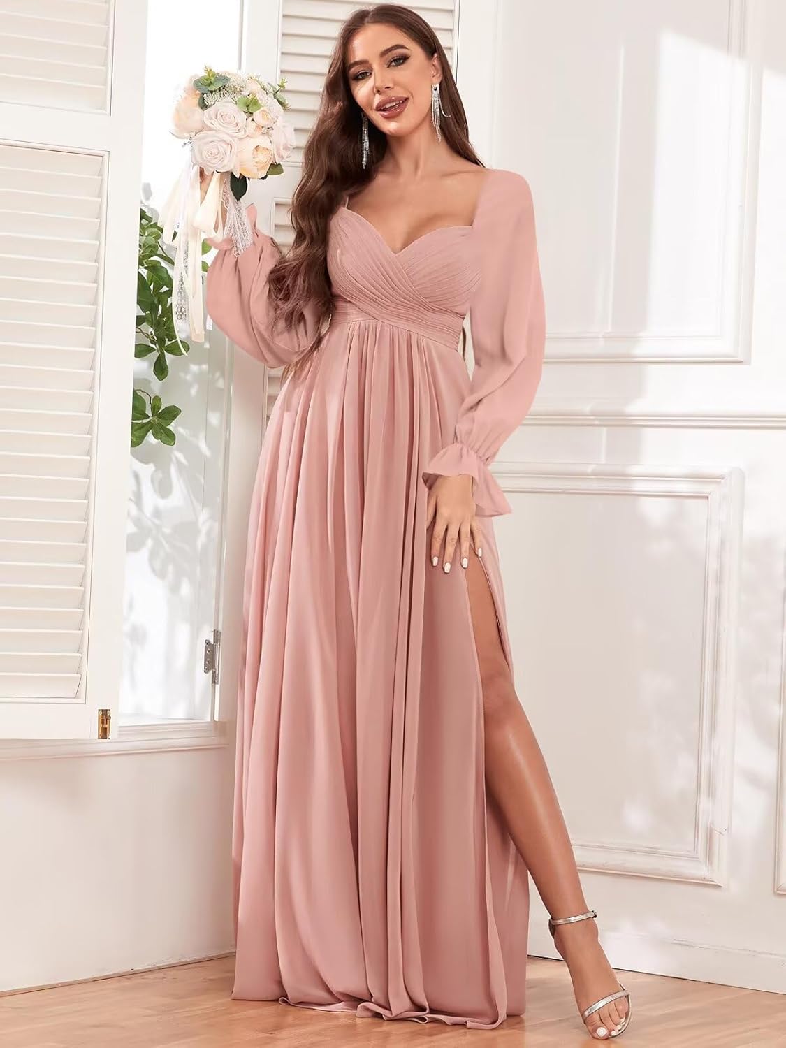 VCCICANY Long Sleeve Bridesmaid Dresses for Women Chiffon Pleated Formal Evening Gowns with Slit - Image 5