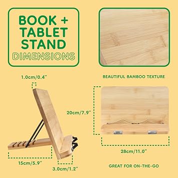 BambooMN Universal Bamboo Book Stand, for Cookbooks, Reading, Cell Phone, Art, Sheet Music, Tablet - Portable and Foldable with 5 Position Adjustable Tilt - 10 Units