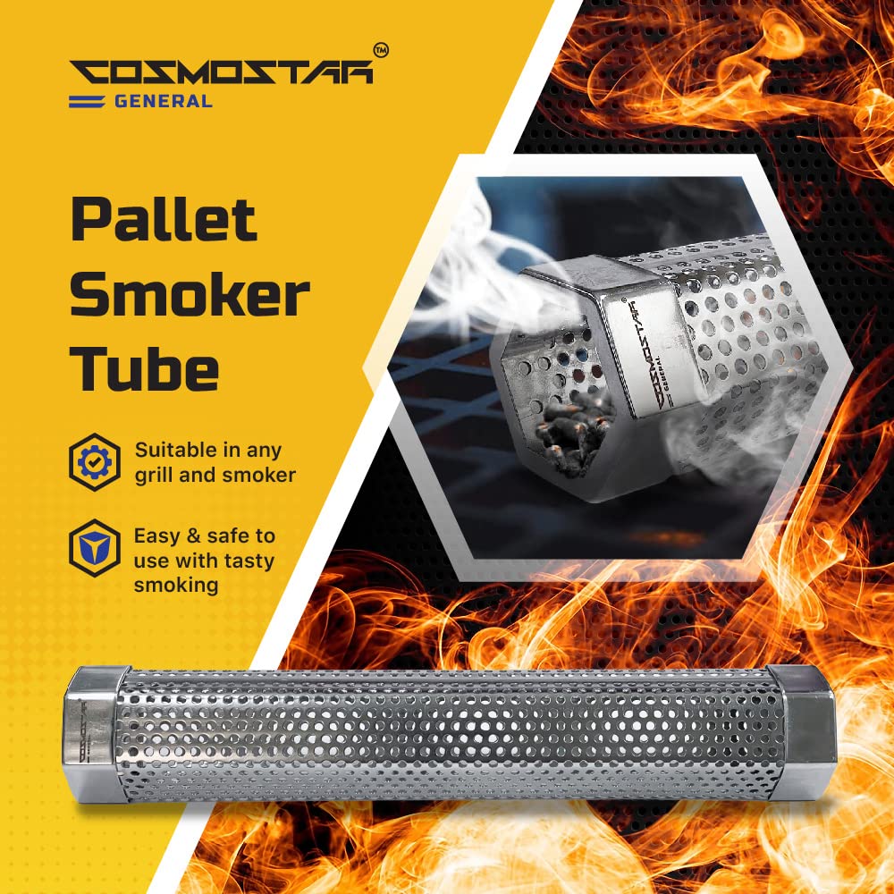 Cosmostar Hexagon Pellet Smoke Tube - 12 Inch Stainless Steel Smoke Generator for Grill, BBQ, and Fish Smoker - 5 Hour Smoke Box
