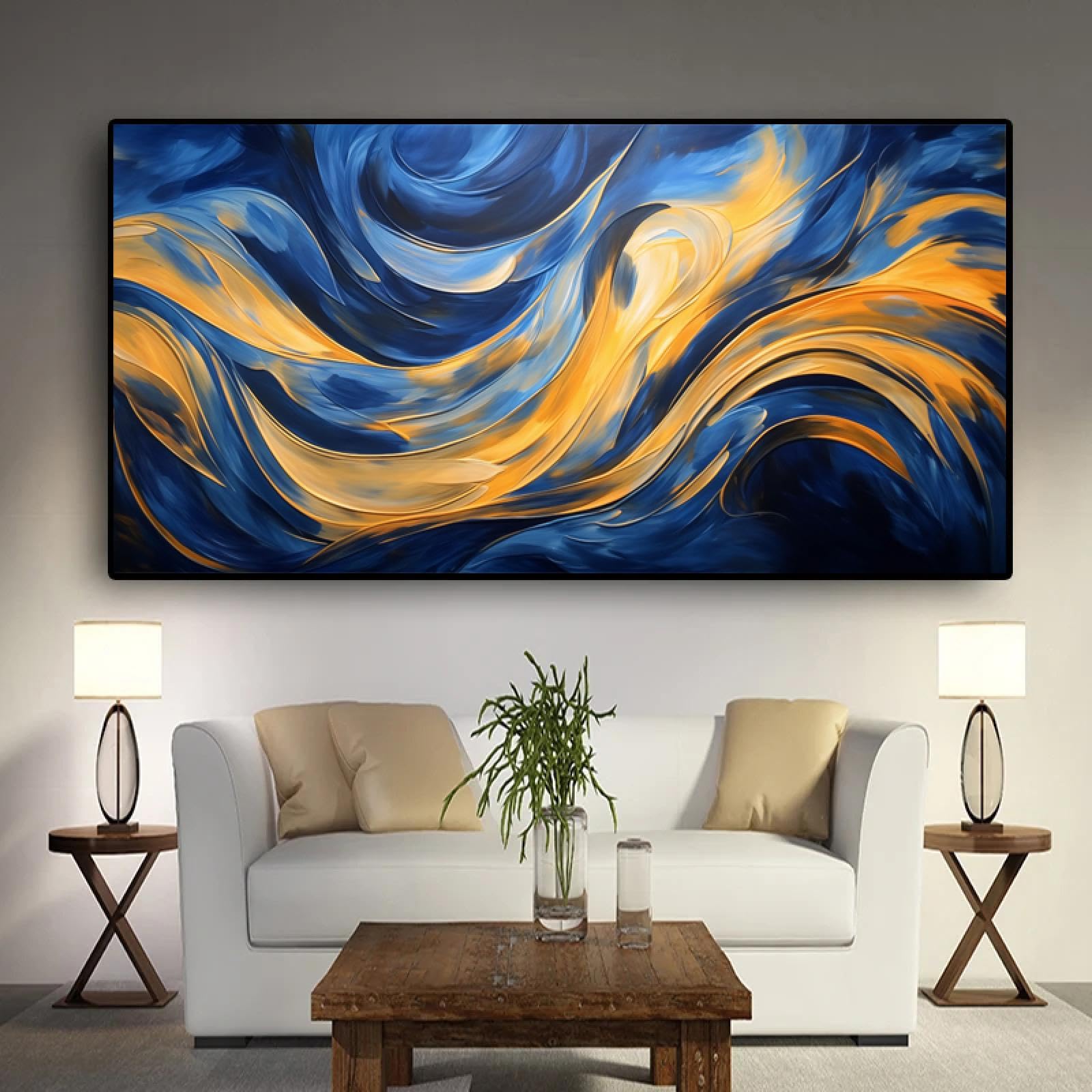 Grande pittura a olio astratta del paesaggio per la decorazione domestica Arte della parete con cornice nera Albero fortunato Quadro su tela Soggiorno 39x78inch/100x200cm Con cornice nera