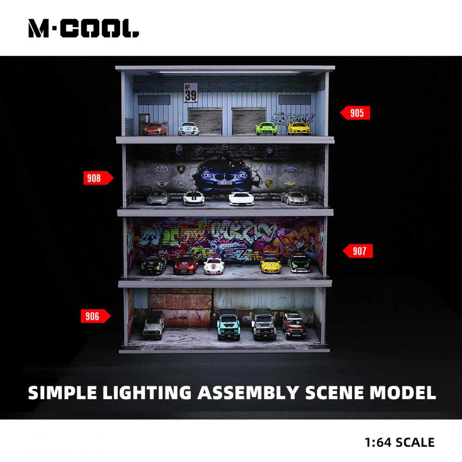 Vitrine modèle de voiture 1:64 avec éclairage LED et protection contre la poussière – PVC Diorama Parkgarage, Warehouse n° 39 Design – Empilable et connectable, rangement pour Hot Wheels, Matchbox
