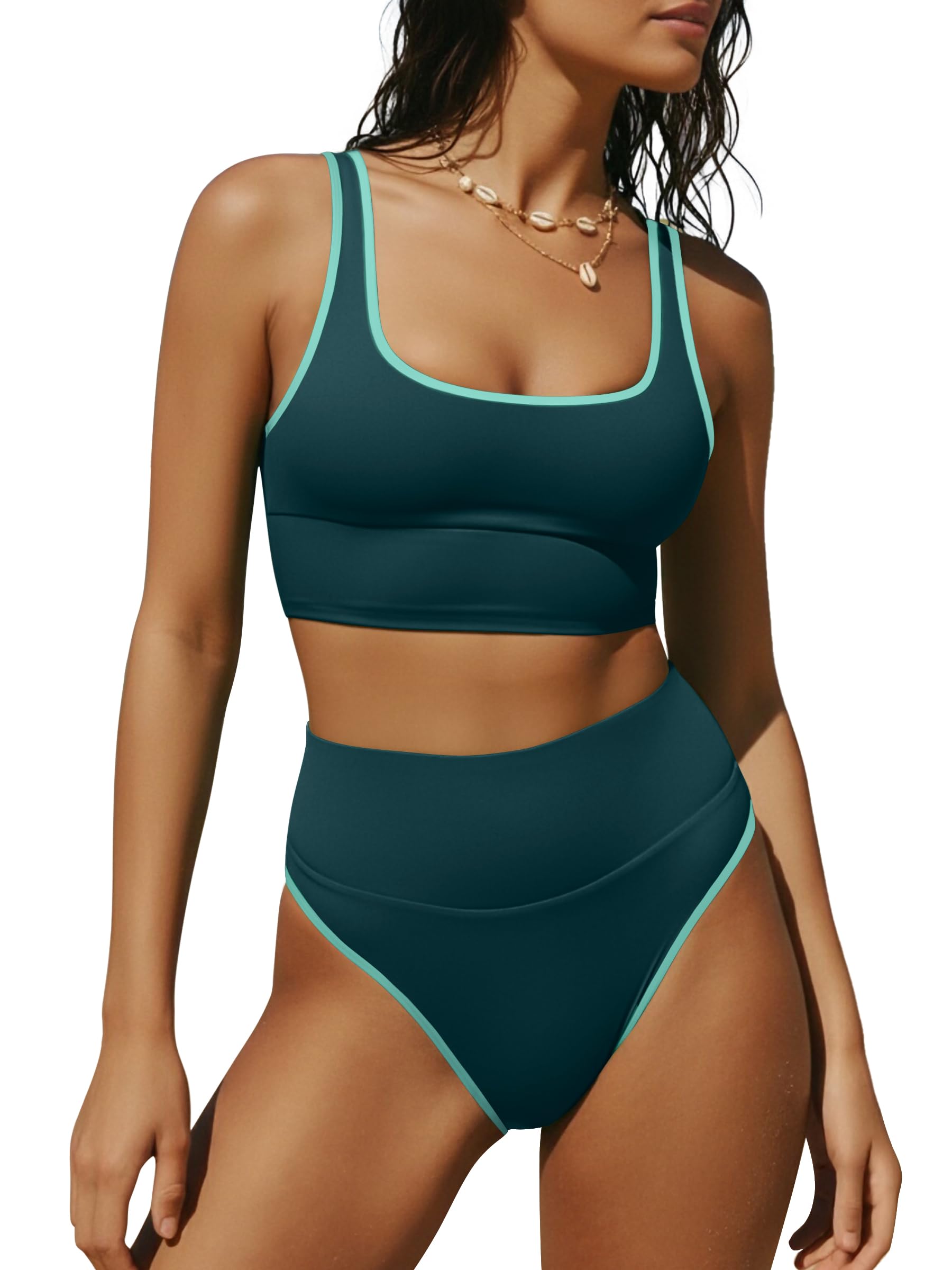 Women's High Waisted Bikini Sets Two Piece Tummy Control Swimsuits High Cut Summer Beach Vacation Bathing Suits