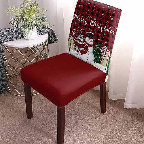 Miniatura 2 de Juego de 4 fundas navideñas para sillas de comedor, diseño de muñeco de nieve con árbol de Navidad, copos de nieve, cuadros rojos, extraíble,