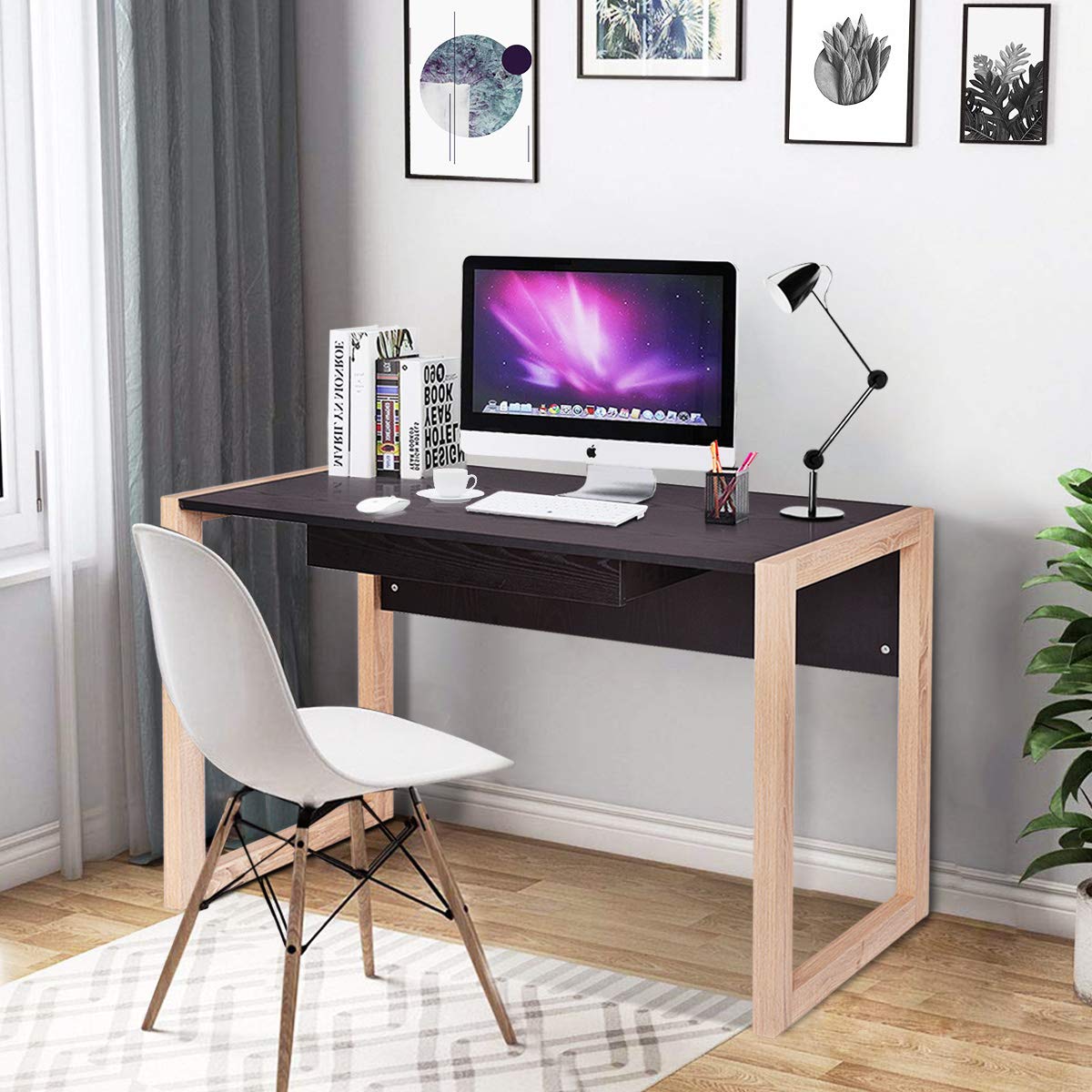 Tangkula Computer Desk Wood Top Computer Desk Modern Home Office