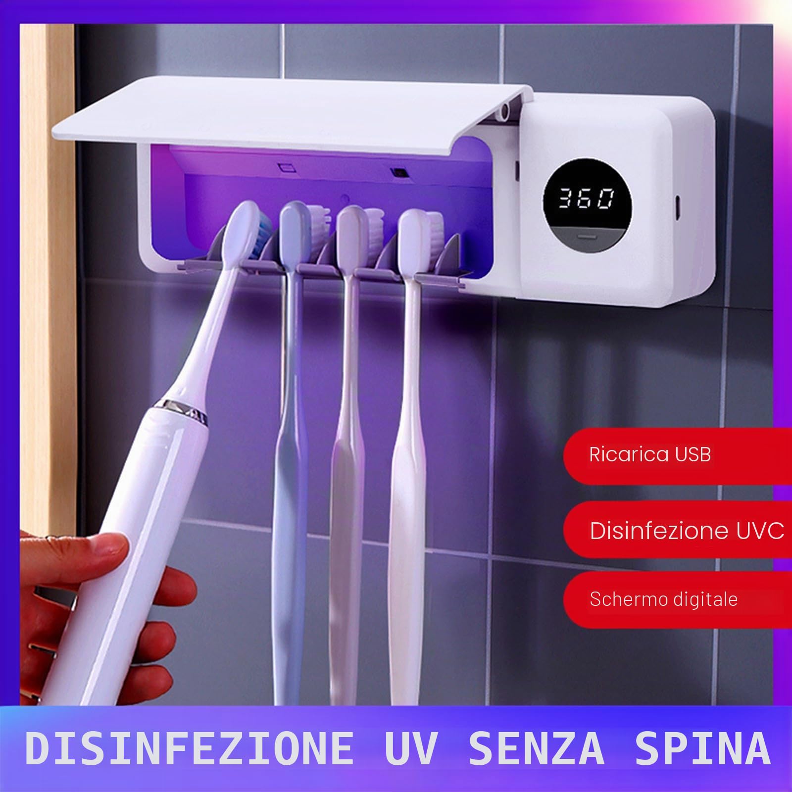 Porta Spazzolino, Sanificazione UV Portaspazzolini da Bagno, Funzione Timer e Lampada di Sterilizzazione, 2000 mAh Ricaricabile Portaspazzolino per Bagno, Lavanderia