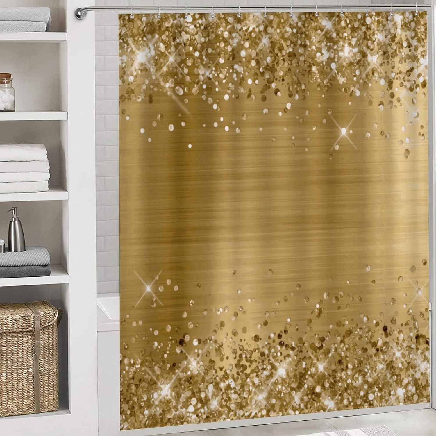 OLGCZM 4 Pcs Glittery Gold Foil Shower Curtain Set with Rug Bathroom Curtains Shower Set Toilet Mat Lid Rug Bathroom Sets Shower Curtain Sets with 12 Hooks, 72"x72"