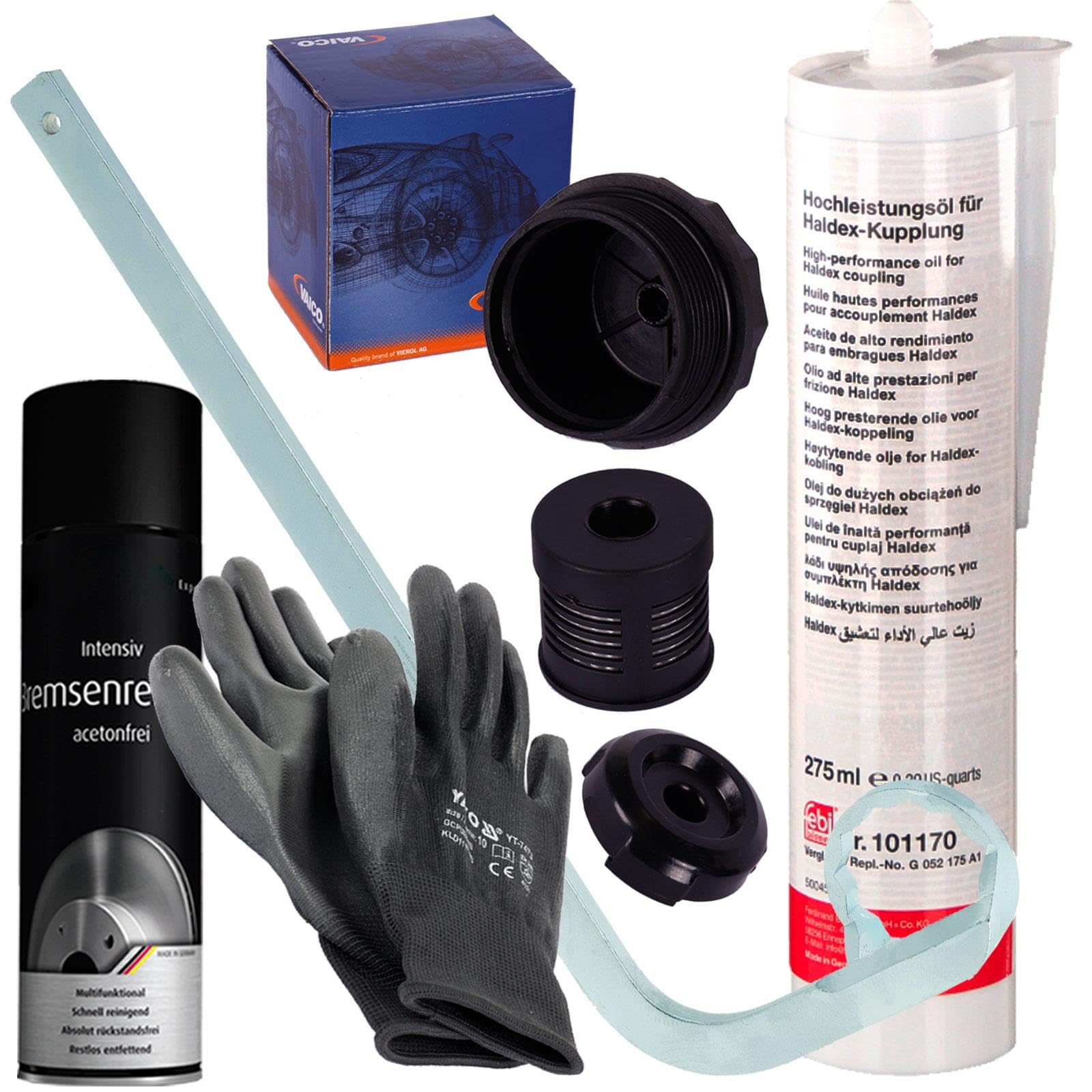 Vaico Hydraulik Haldex Getriebe Filter+Febi Öl | V10-2685 + Getriebeöl+Schlüssel+Handschuhe für Golf IV Bora 1J A3 8L