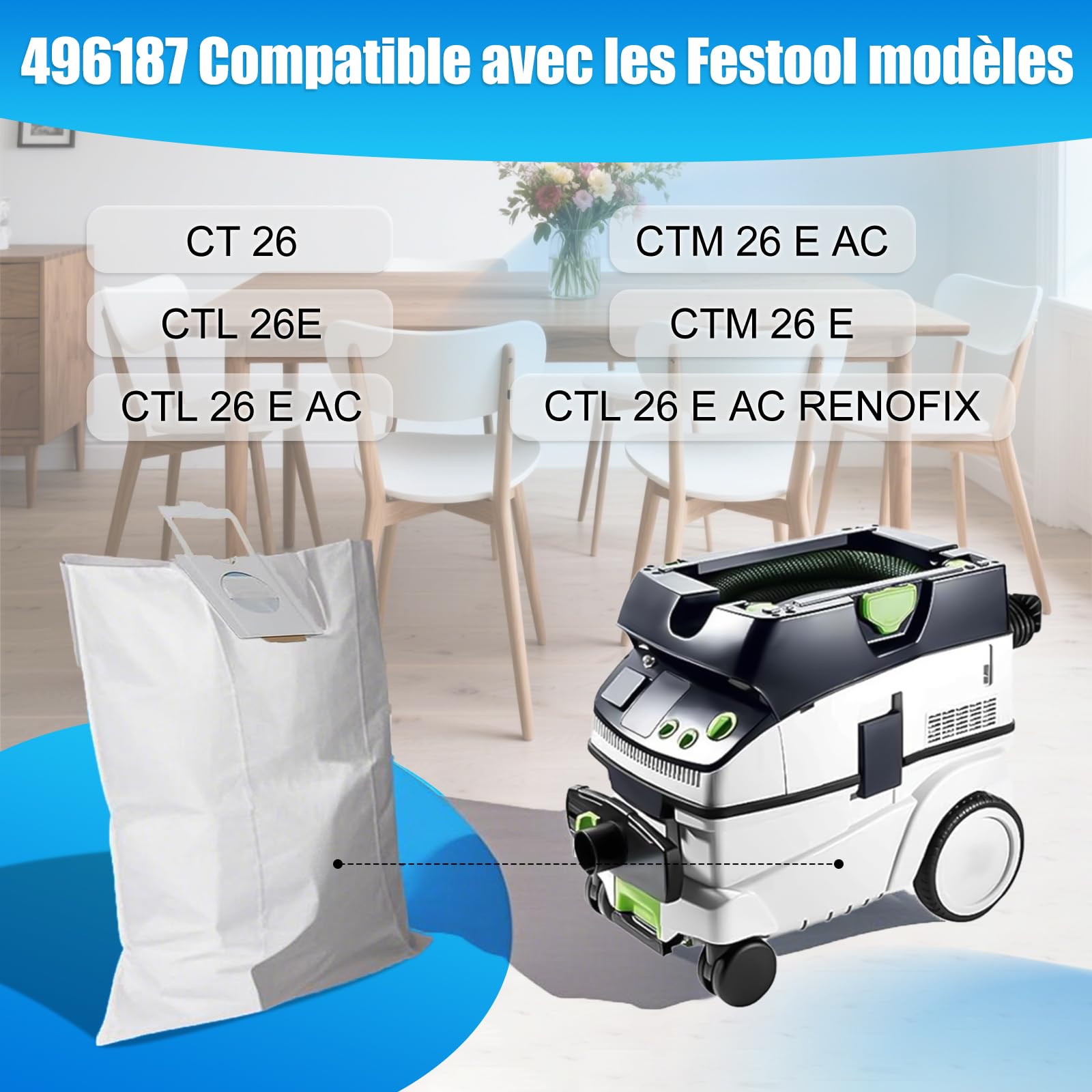 10 Sac filtrants compatible avec Festool CT 26 / CTM 26 E/CTL 26 E Aspirateur, 496187 Sac Aspirateur pour Festool SC FIS-CT 26/5, Jetables et Grande Capacité