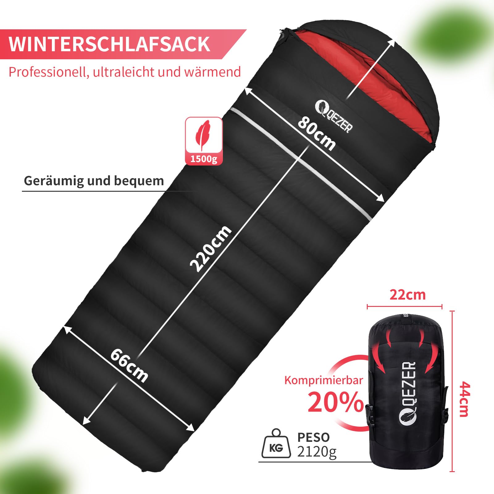 Daunenschlafsack, 4-Jahreszeiten-Schlafsack, Winterschlafsack -3°C bis -20°C Geeignet für Camping, Wandern und Outdoor-Camping für Erwachsene und Kinder