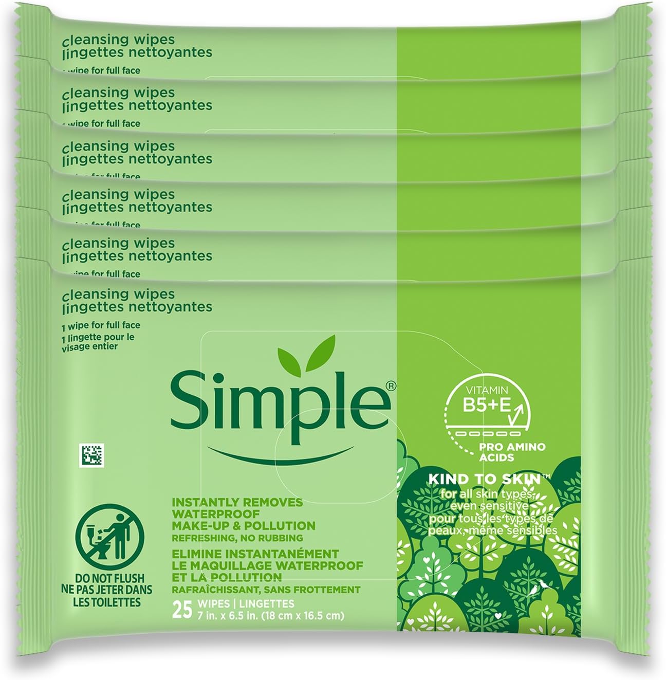 Simple Kind to Skin Facial Wipes for Women, Gentle Cleansing, 6 Pack Set