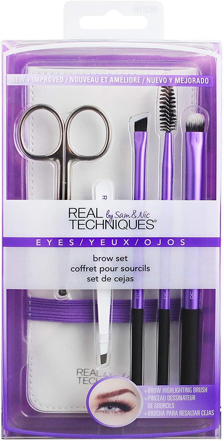 Real Techniques Brow Make-Up Brush set (includes tweezers), Pack of 1