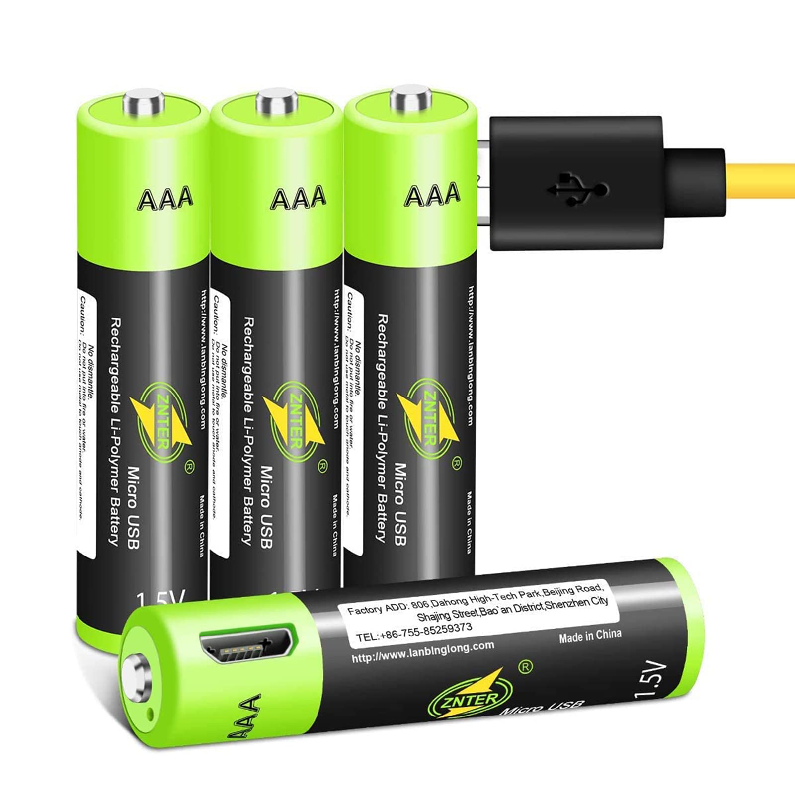 HITRENDSAAA Batteries - Rechargeable Triple A Lithium Batteries - Micro USB Charging Port, 1.5V/ 400mAh, Pre-Charged, 1000 Cycle - Not Alkaline/Ni-MH Batteries - 4 Pack Green