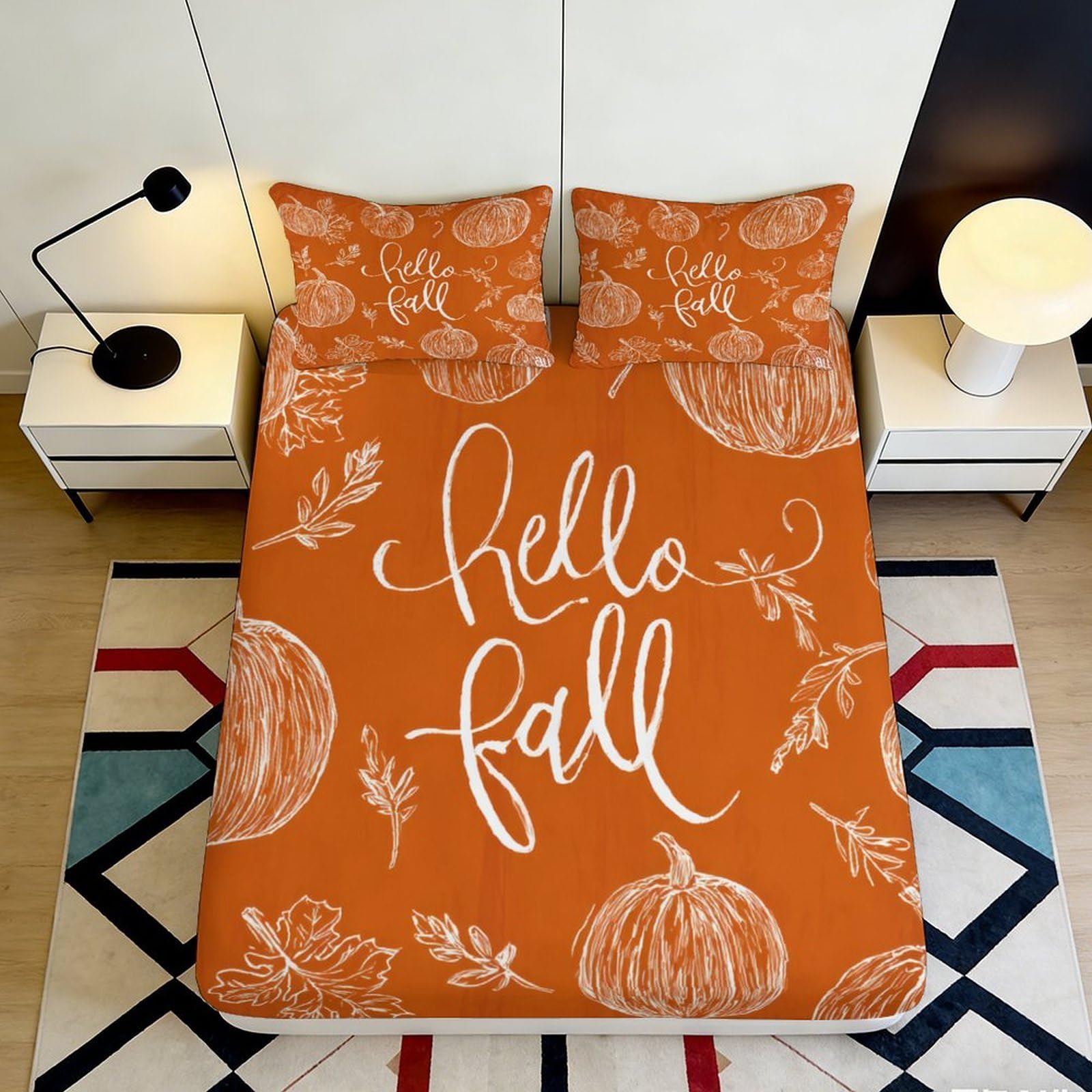 3D Printed Pumpkin Autumn Fitted Sheet Microfiber Orange Leaf Bedroom Decor Mattress Cover for Home Dorm 90x200x25cm