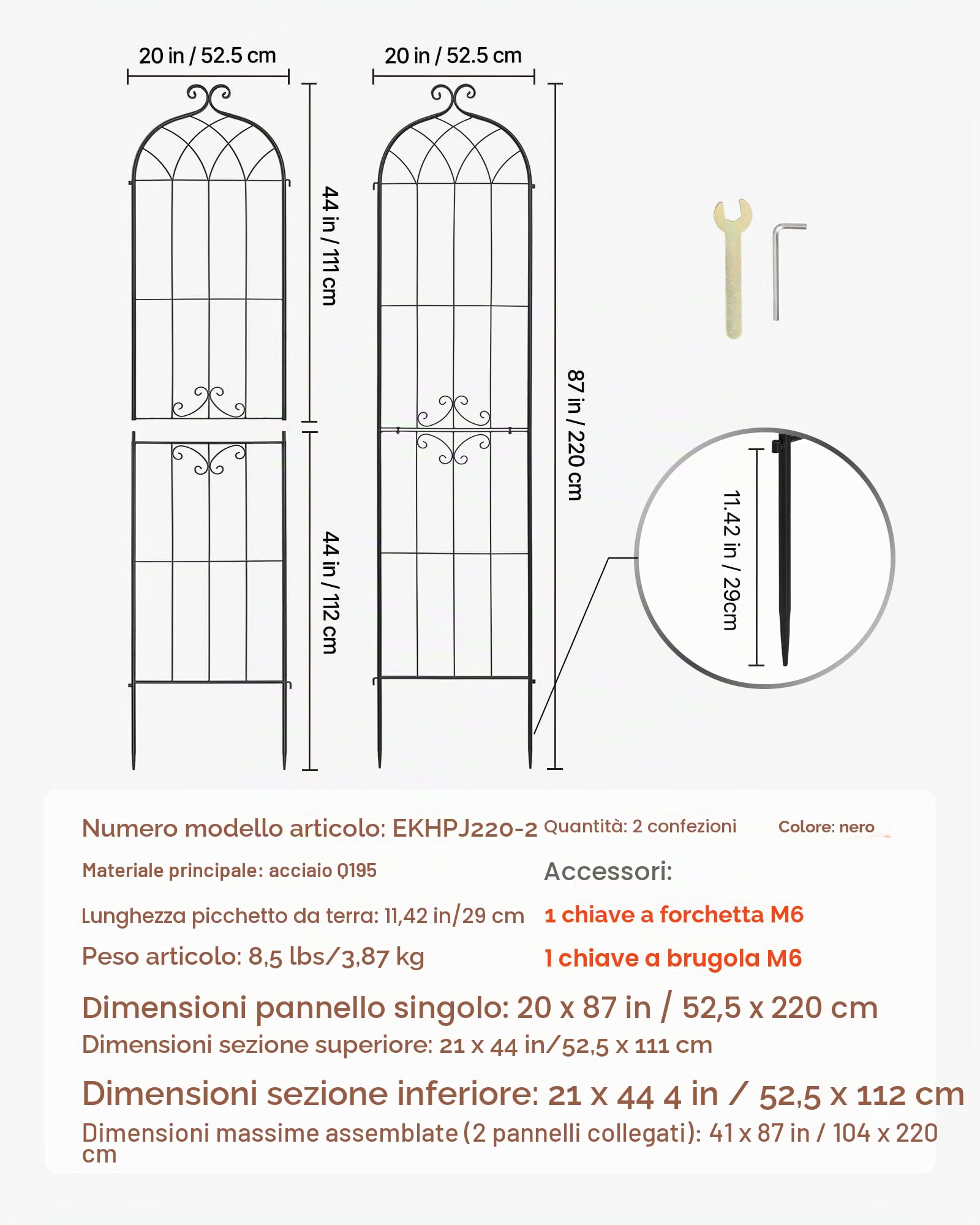 VEVOR Tralicci da Giardinaggio 220x52,5 cm, Set 2 pz Grigliati in Metallo da Giardino per Fiori e Rose con Rivestimento a Polvere e Design Collegabili, Sostegno Decorativo per Viti e Rose Rampicanti