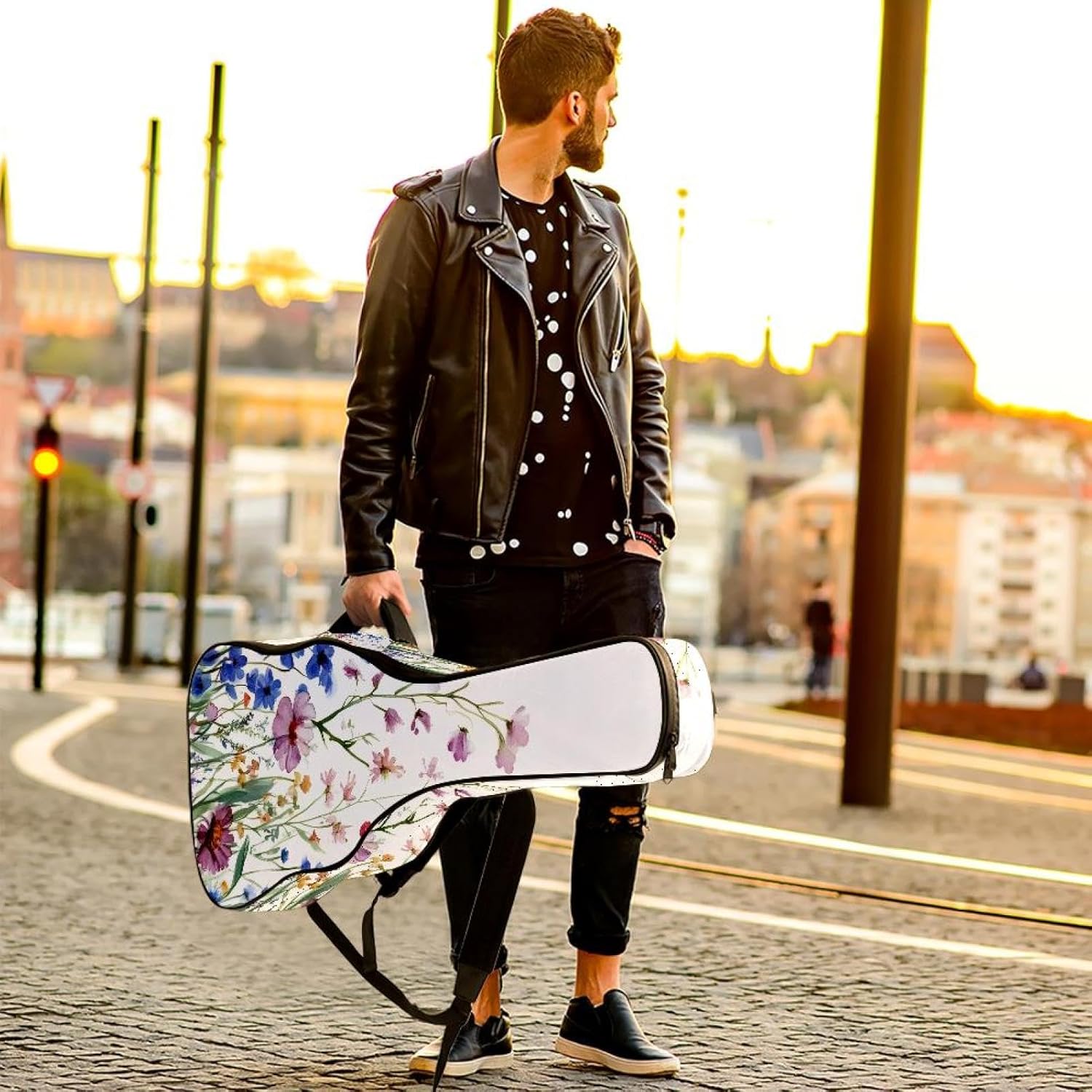 Acoustic Guitar Gig Bag 10mm Thick Padding, Soft Waterproof Guitar Case with Adjustable Backpack Straps for 40-42 Inch Guitar, Seamless Wild Flowers Floral Background