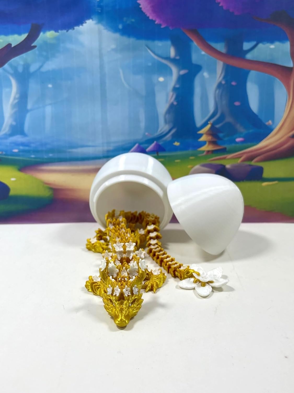 Generic 3D Printed Dragon with Dragon Egg, 12"" Gold and White Cherry Blossom Articulated Dragon, Fidget ADHD Autism Toy Executive Desk Toy D032-DR