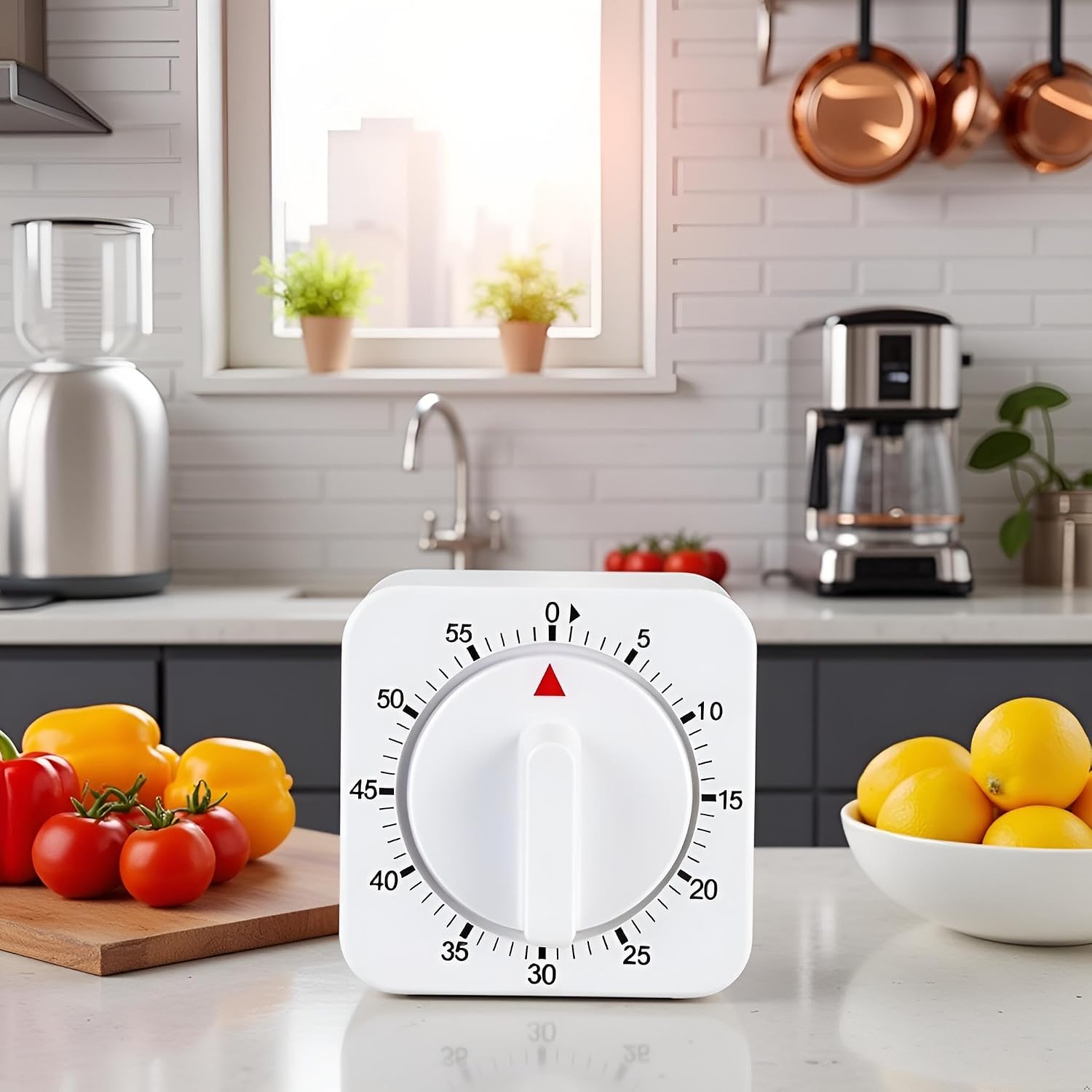 White Timer Clock Square 60-Minute Mechanical Kitchen Timer Wind up Visual Cooking Clock with Loud Alarm No Batteries Required Ideal for Kitchen Cooking Baking Timers