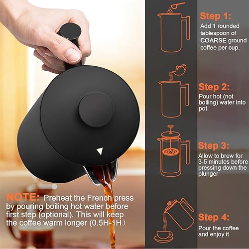 Miniatura 7 de Secura Cafetera de prensa francesa con filtro de acero inoxidable de 3 capas, 34 onzas, negro, diseño aislado de doble pared con 2 filtros