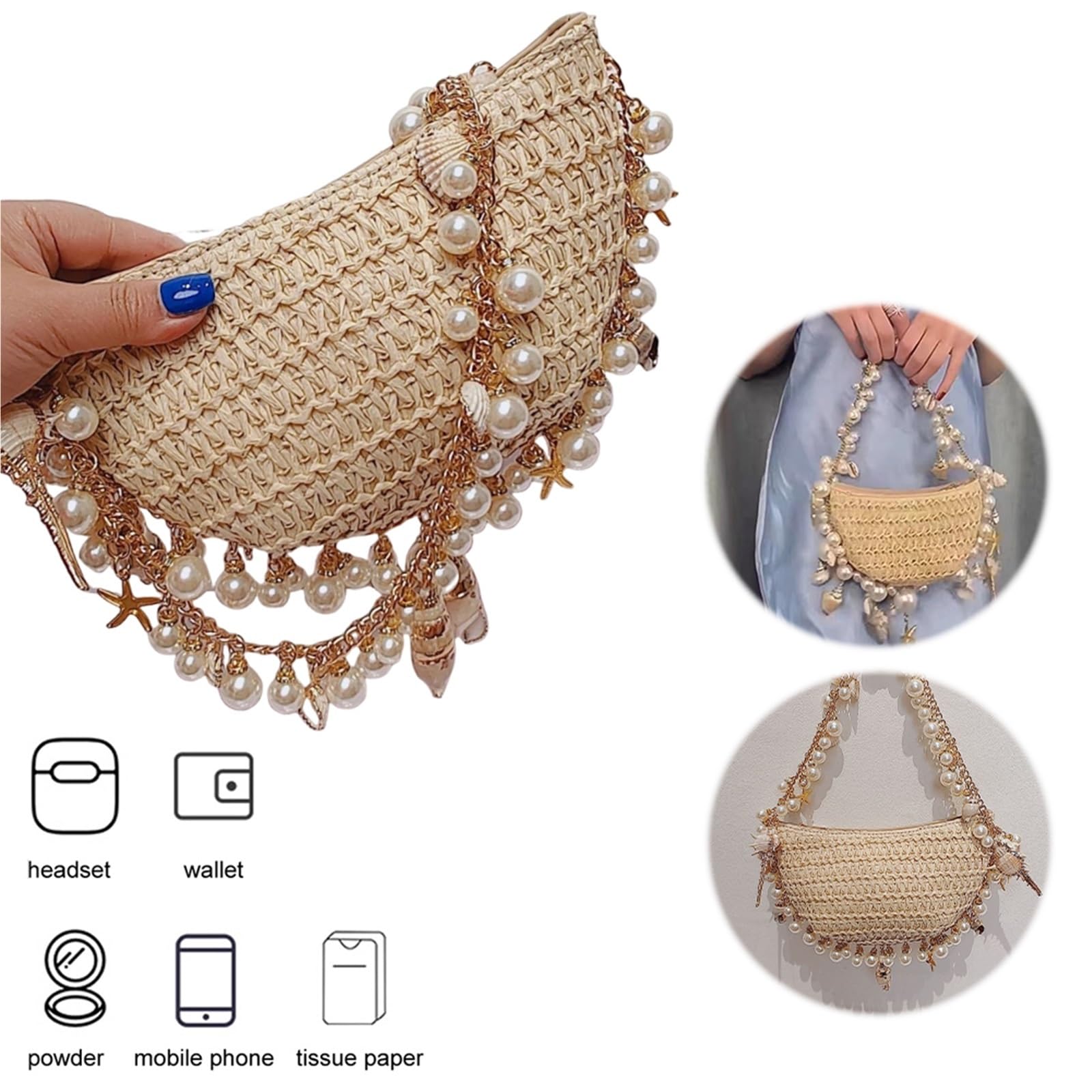 Women Pearl Conch Handbag With Chain Elegant Shoulder Bag Handwoven Holiday Beach Commute Party