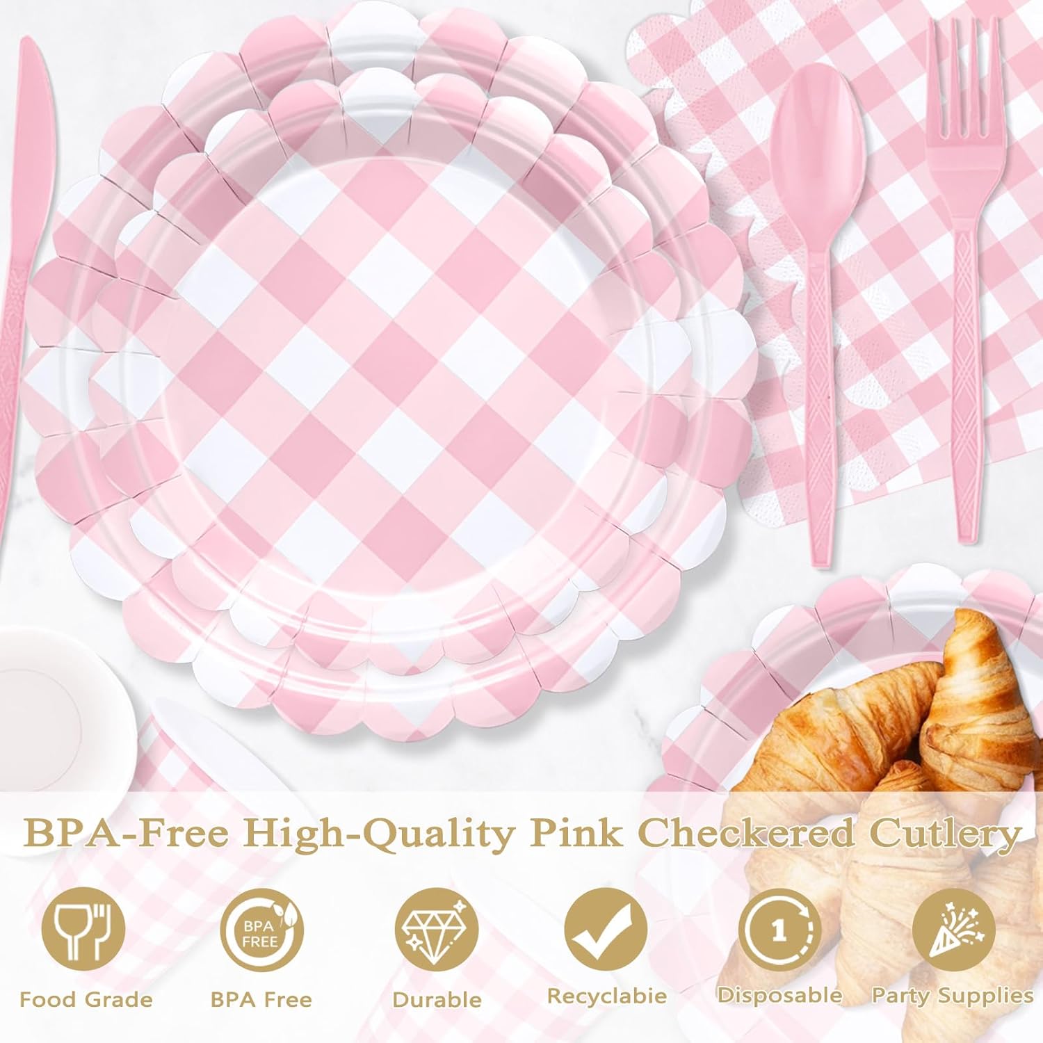 QISOLIY 350Pcs Pink Gingham Party Supplies Gingham Plates and Napkins, Pink Checkered Disposable Plates Set for Dinner Birthday Baby Shower Wedding Picnic Supplies Serve 50 Guest