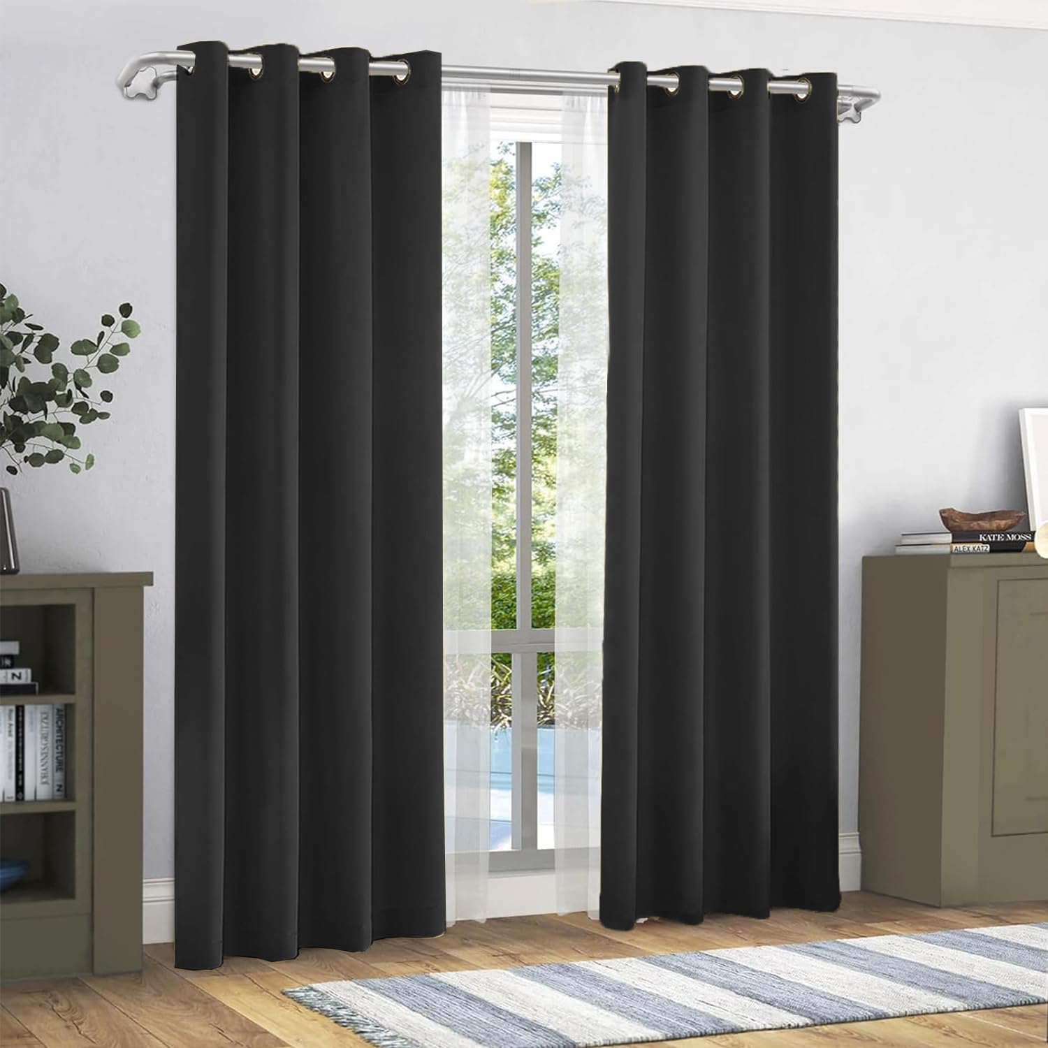 GREATOYAR Cortinas Modernas, Translucidas, Poliéster, para Sala, Dormitorio, Comedor, Cocina, Salón - 140x220cm, Negro