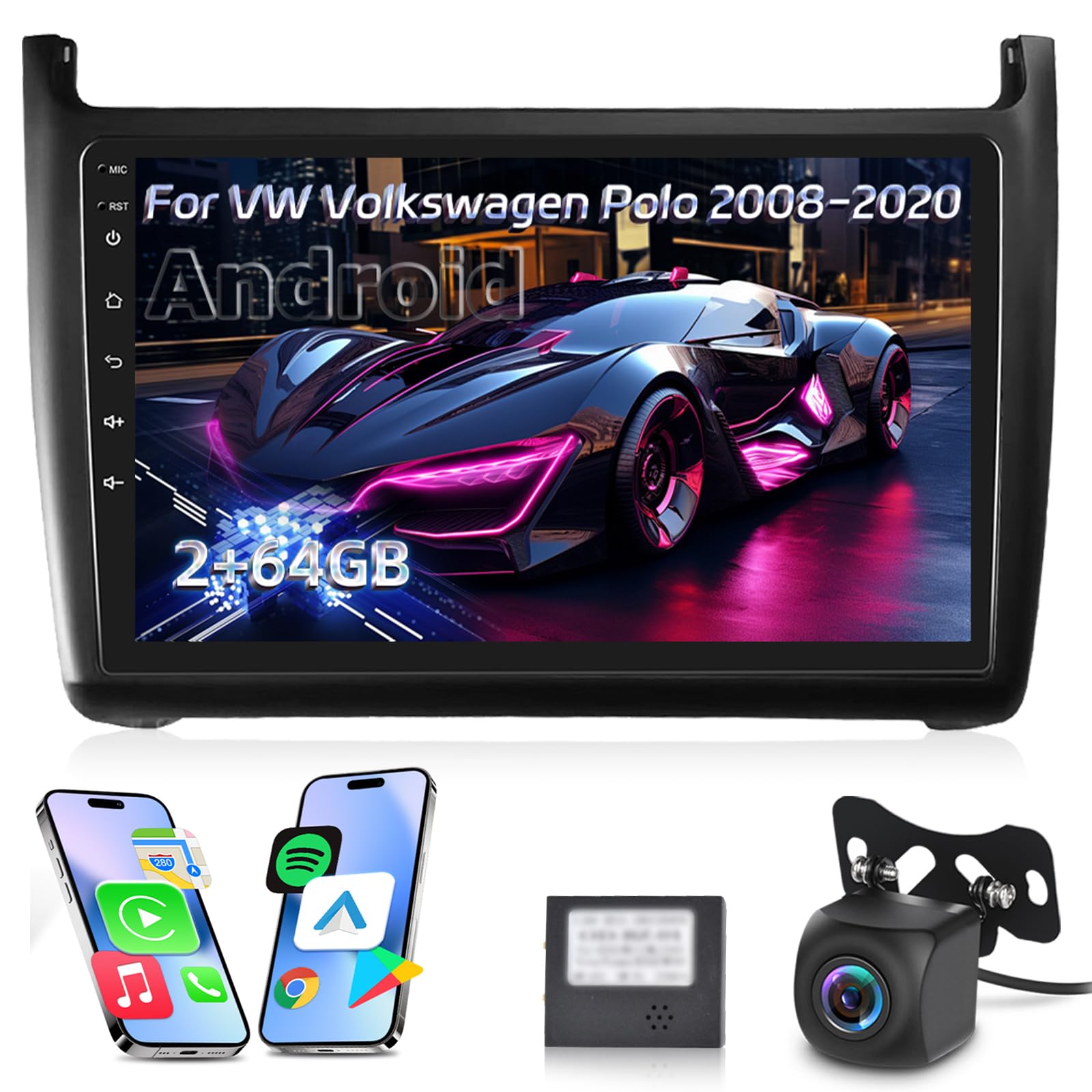 Radio de Coche para VW Volkswagen Polo 2008-2020, [2G+64G] Android Estéreo de Coche con Pantalla Táctil con Carplay Inalámbrico y Android Auto/Bluetooth/WiFi/Bluetooth/EQ/FM RDS Radio