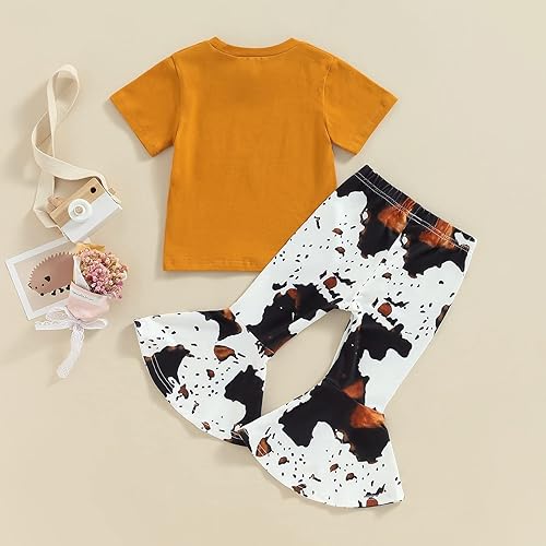 Miniatura 3 de fhutpw Conjunto de camiseta de manga corta con estampado de vaca y pantalones acampanados de dibujos animados para niñas pequeñas