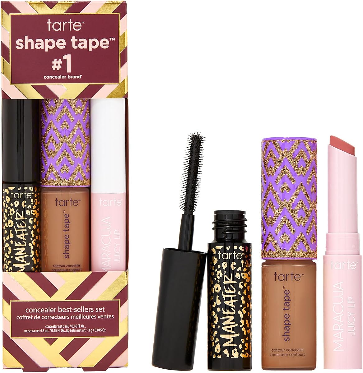 Juego de los más vendidos de Tarte Shape Tape: corrector Shape Tape, bálsamo labial hidratante y rímel para rizos, volumen y longitud, de larga duración, libre de crueldad