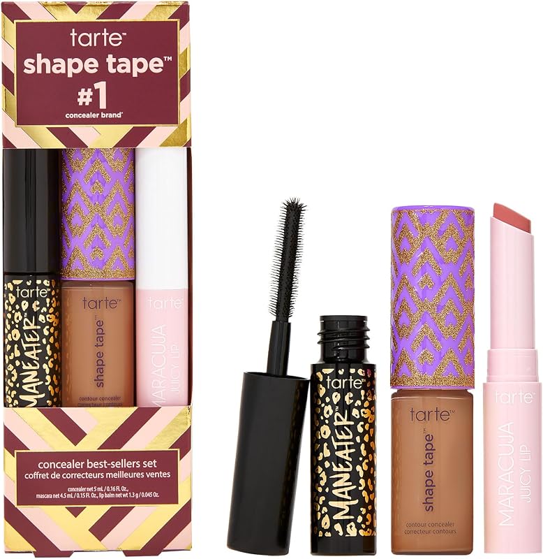 Juego de los más vendidos de Tarte Shape Tape: corrector Shape Tape, bálsamo labial hidratante y rímel para rizos, volumen y longitud, de larga duración, libre de crueldad