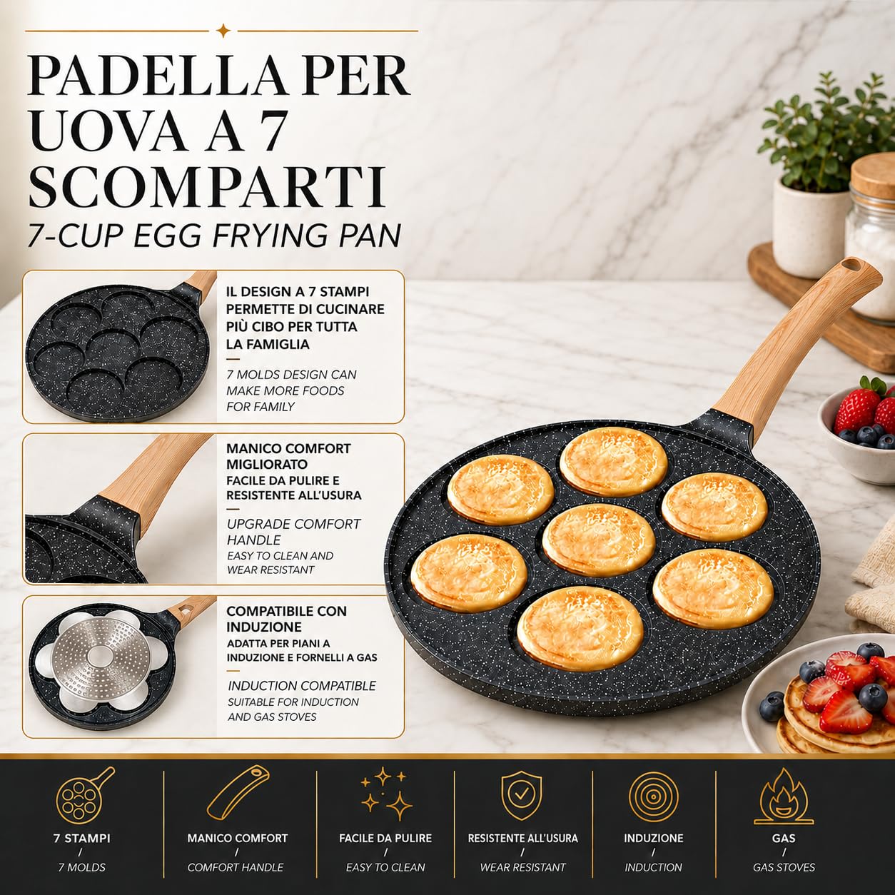 IPEA Padella Pancake Antiaderente per Induzione e Gas - Anti Aderente in Alluminio Per Frittata, Crepes, Uova, Hamburger - Padella da Cucina con 7 Stampi - Manico Comfort - 29 x 26,5 cm