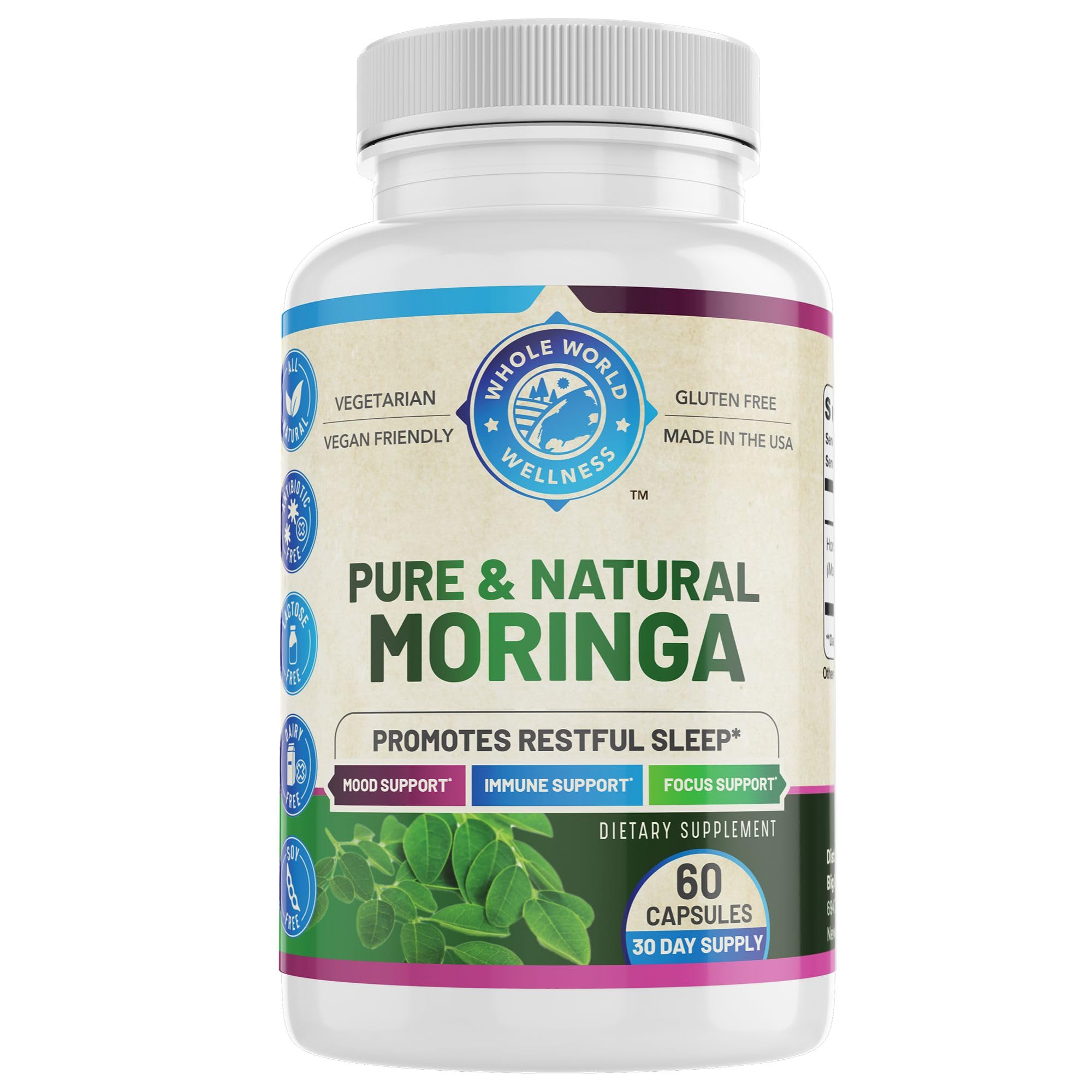 Organic Pure Moringa | Supports Immune System & Promotes Gut Health | Natural Sleep Aid | Rich in Antioxidants & Amino Acids | All Natural & Dairy Free | 60 Capsules | Made in USA