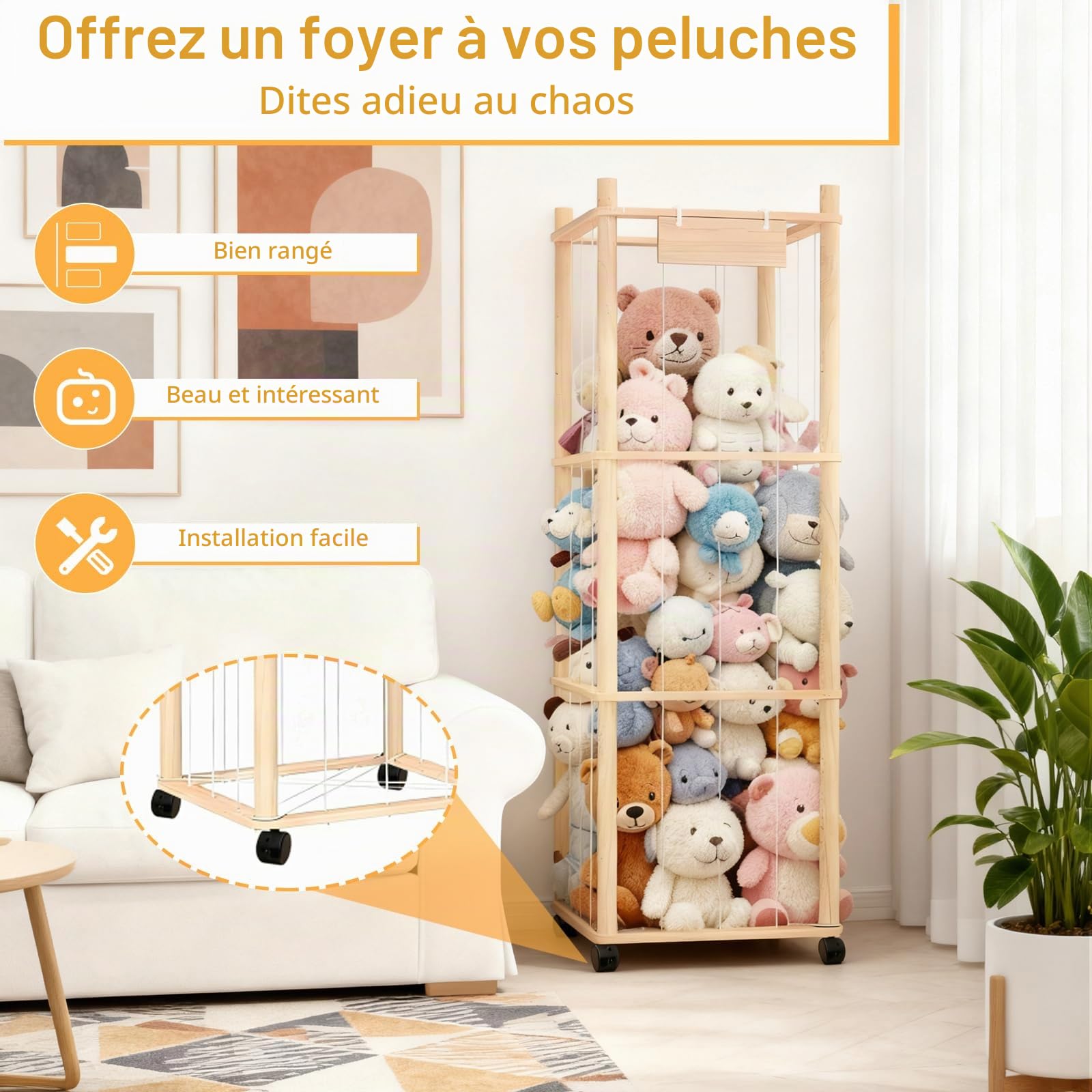 Rangement Peluche, Rangement Peluche de Enfant en Bois Range en Roues équipées d'un Frein à 360° Organisateur de Stockage D'animaux pour Chambre d'enfant, Salle de Jeux, Salon, etc