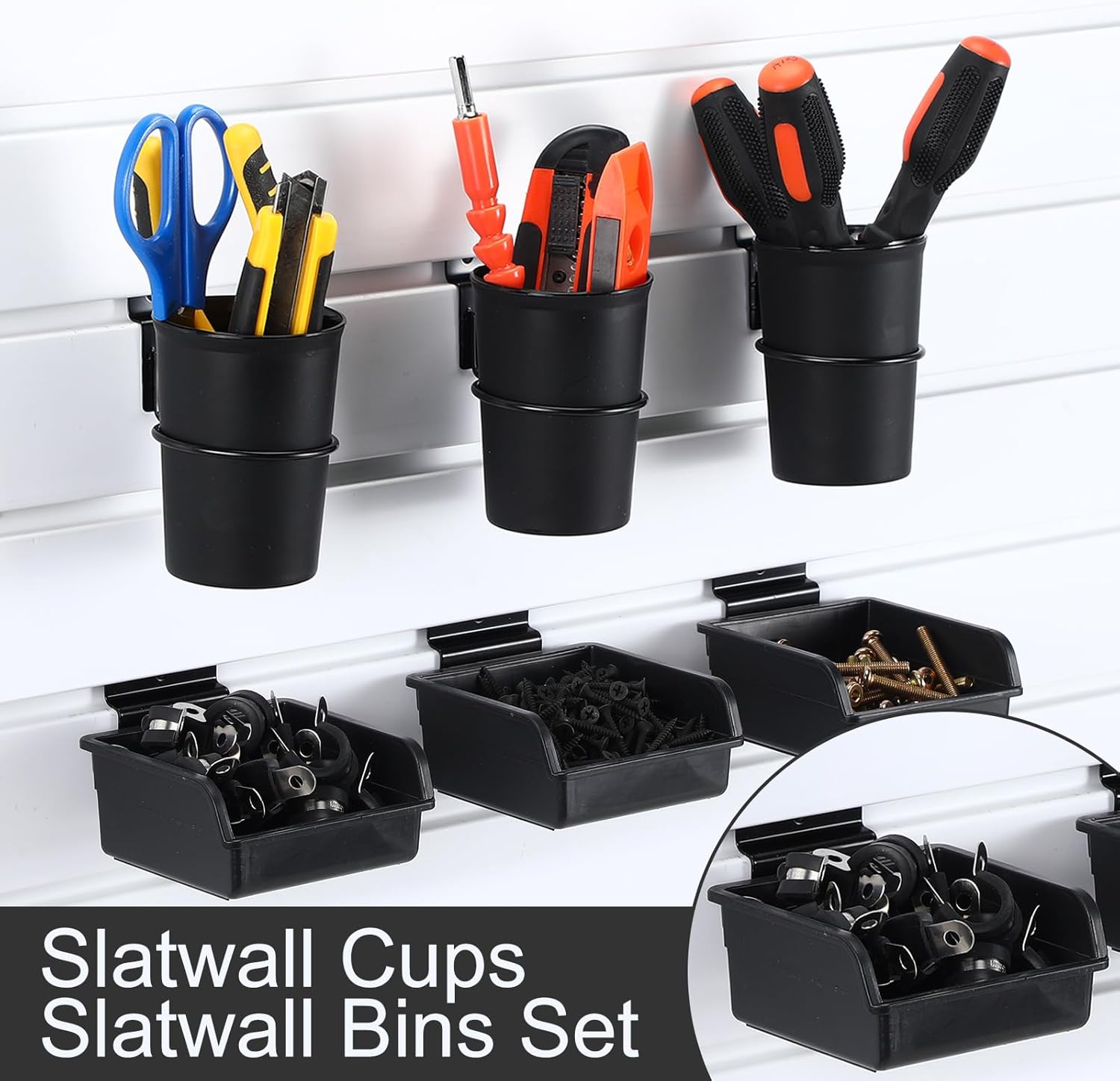 6 Pack Slatwall Cups Bins Plastic Organizer with Hooks and Loops Black Slatwall Accessories Set for Craft Workshop Workbench Hobby Office Tool Shed Hardware Garage