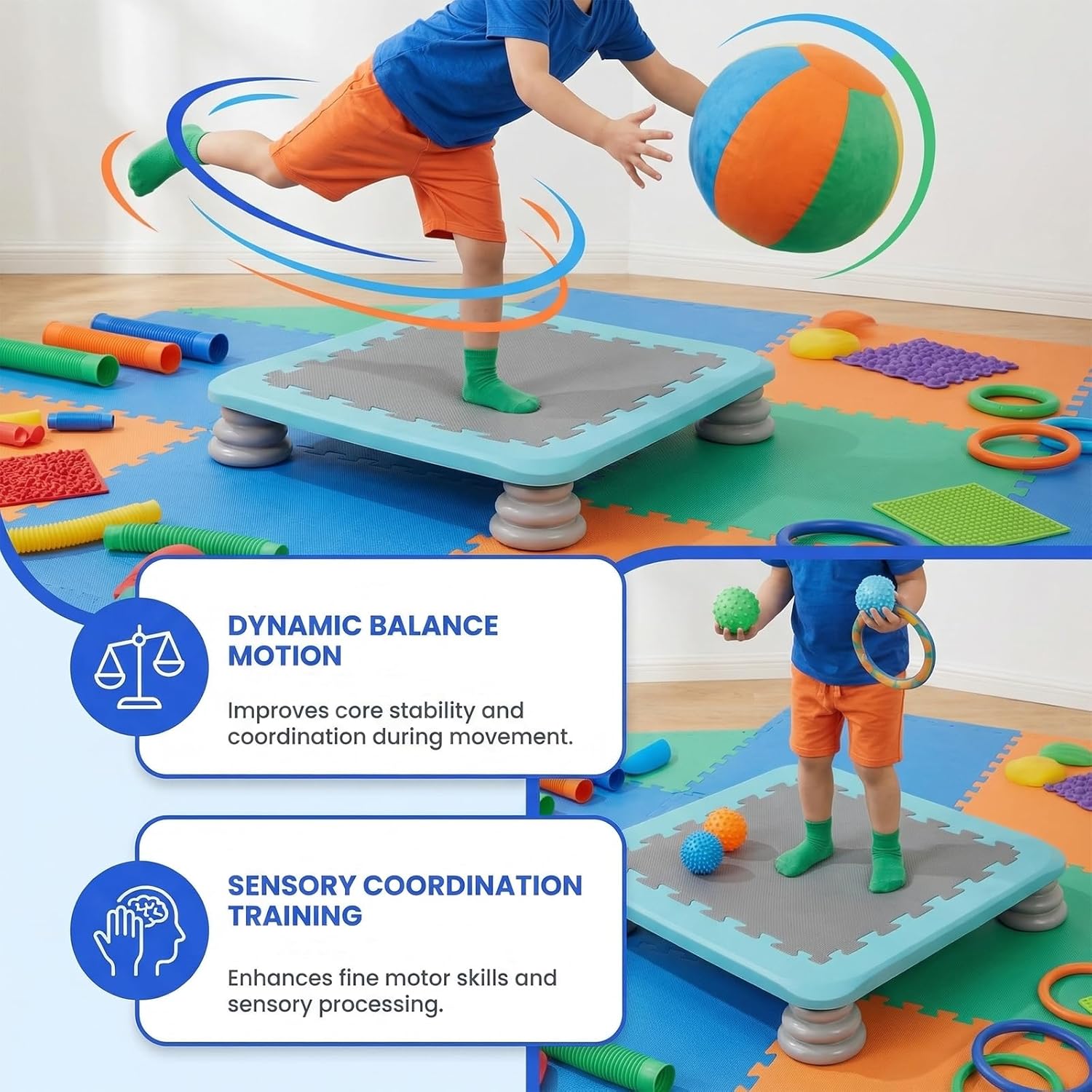 Mini Trampoline for Kids, 25 Inch Sensory Bounce Board for Balance & Coordination, Non-Slip Rebounder Board for Kids Ages 3+, Indoor Mini Trampoline with Stable Base
