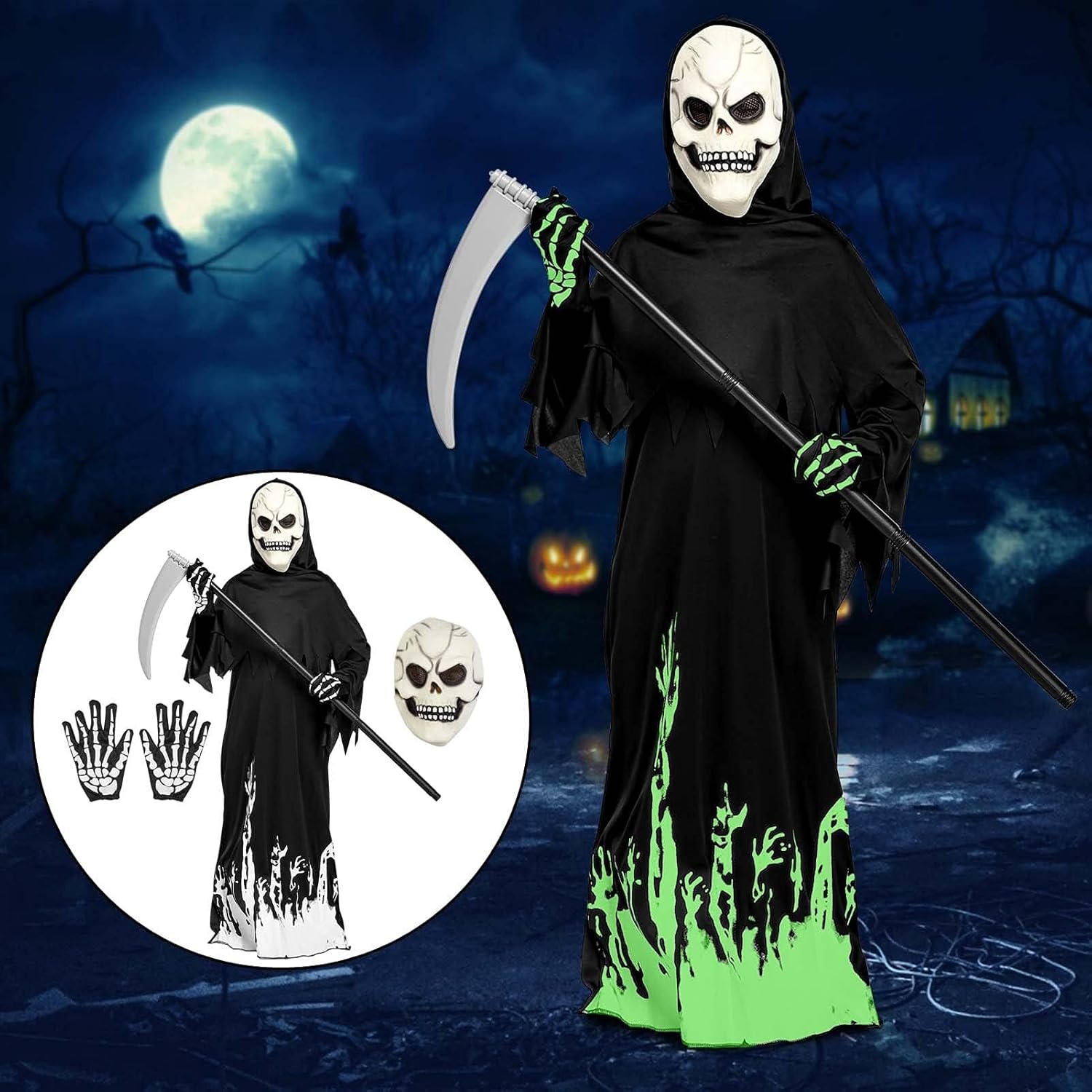 Halloween Grim Reaper Costume for Kids Boys Girls,Glow in the Dark Deluxe Phantom Costume - Image 2