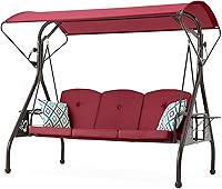 zzw 800LBS Heavy Duty Patio Swing with Canopy - 3-Seat Glider Porch Swing Bed, Stand, Cup Holders & Pillows for Backyard (Red)