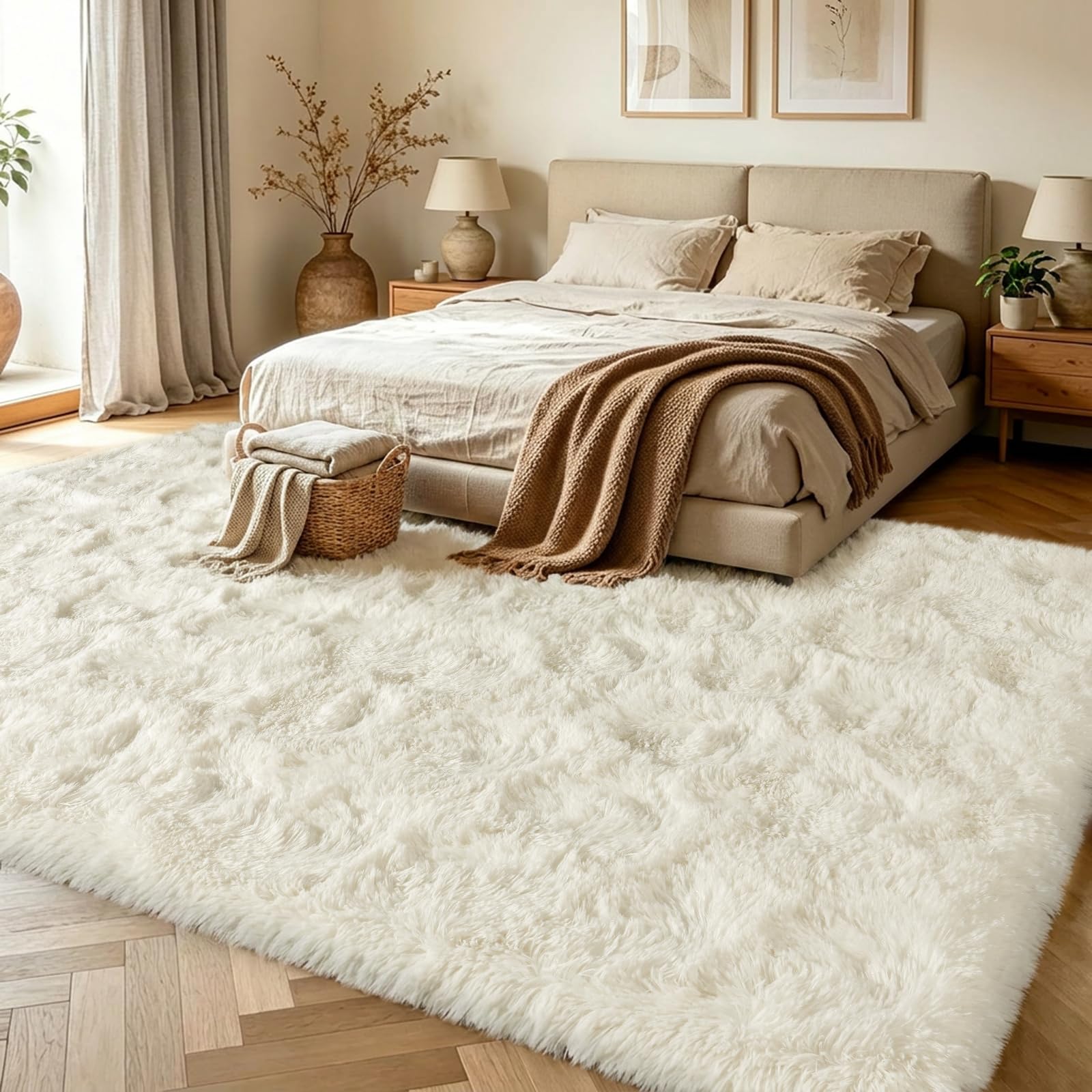 Hochflor Teppich Wohnzimmer Groß 160x230cm Flauschig Creme | Anti-Rutsch Unterseite Weich Teppiche Waschbarer Modern Shag Carpet Matte für Kinderzimmer Schlafzimmer