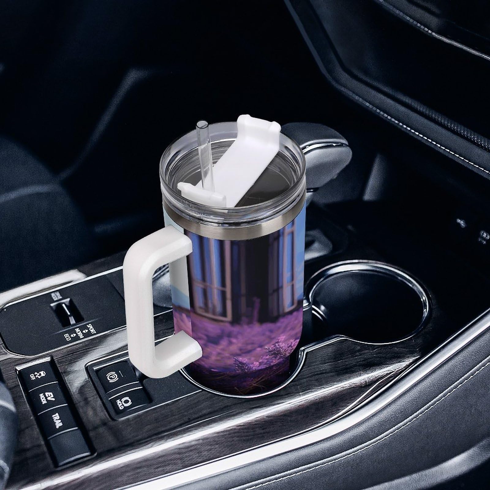 Romantische Lavendelbecher mit Strohhalm und Griff, doppelwandige Vakuumisolierung, Wasserflaschen für Eiskaffee, Tee, heiße und kalte Getränke