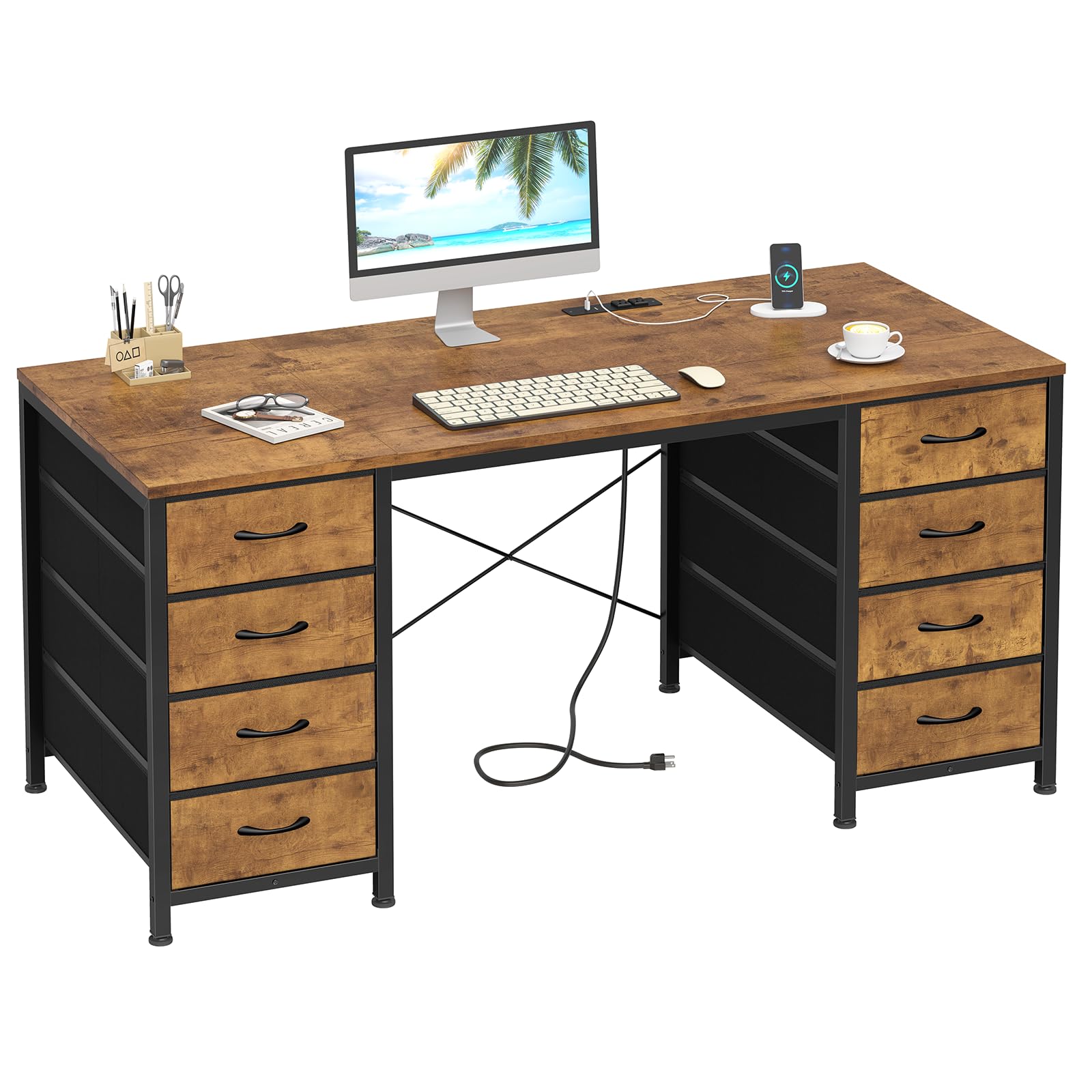 YOMILUVE 50 Inch Computer Desk with 8 Drawers, Home Office Desk with Power Outlets, Work Study Gaming Desk with 8 Fabric Drawers, Rustic Brown