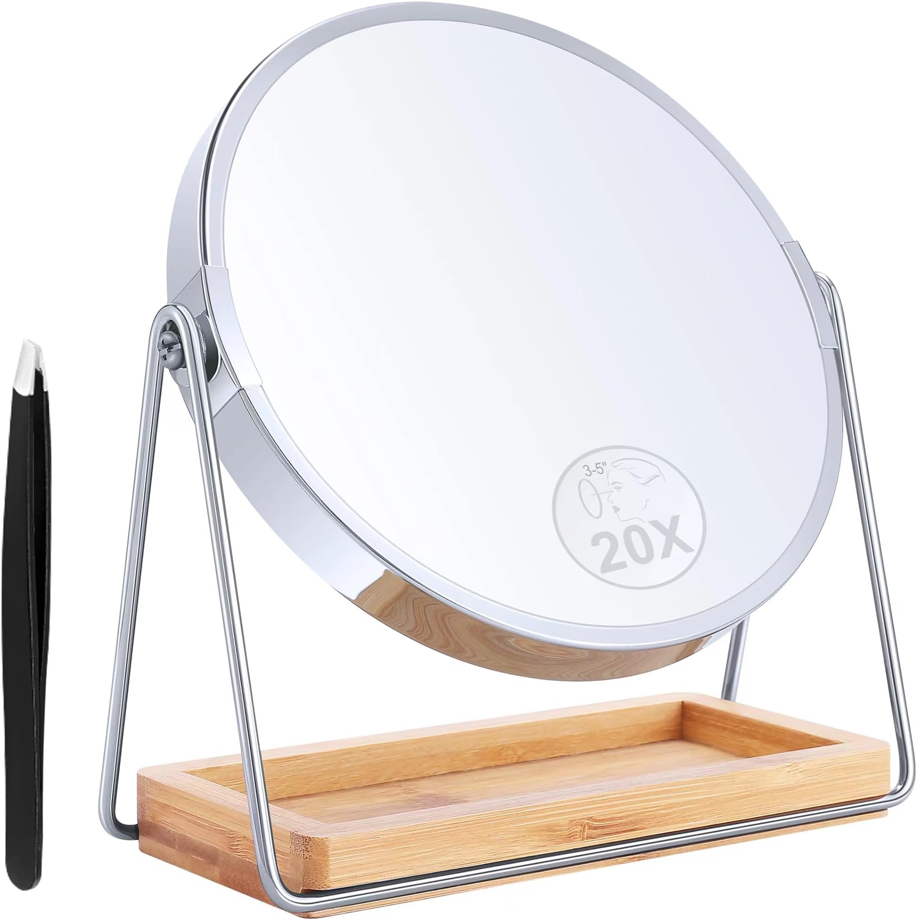 B Beauty Planet20X Magnifying Mirror With Bamboo Base, Double Sided 20X/1X Magnification, 360 Swivel Tabletop With Storage Stand, Round Makeup for Bedroom 8IN